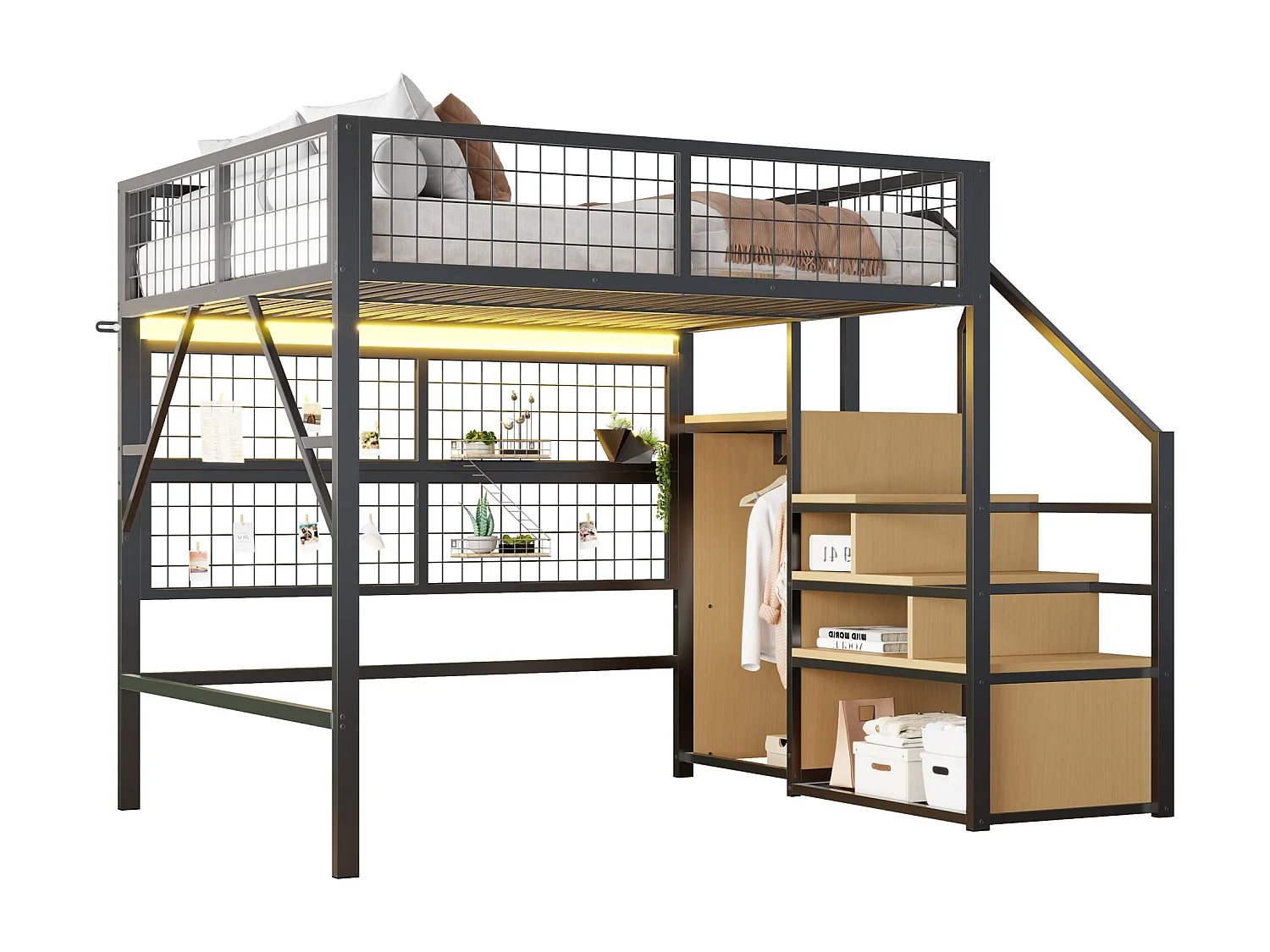 Cama alta de metal de 140 x 200 cm, con LED controlados por app, escalera con almacenaje, armario abierto, color negro (255 x 145 x 170 cm)