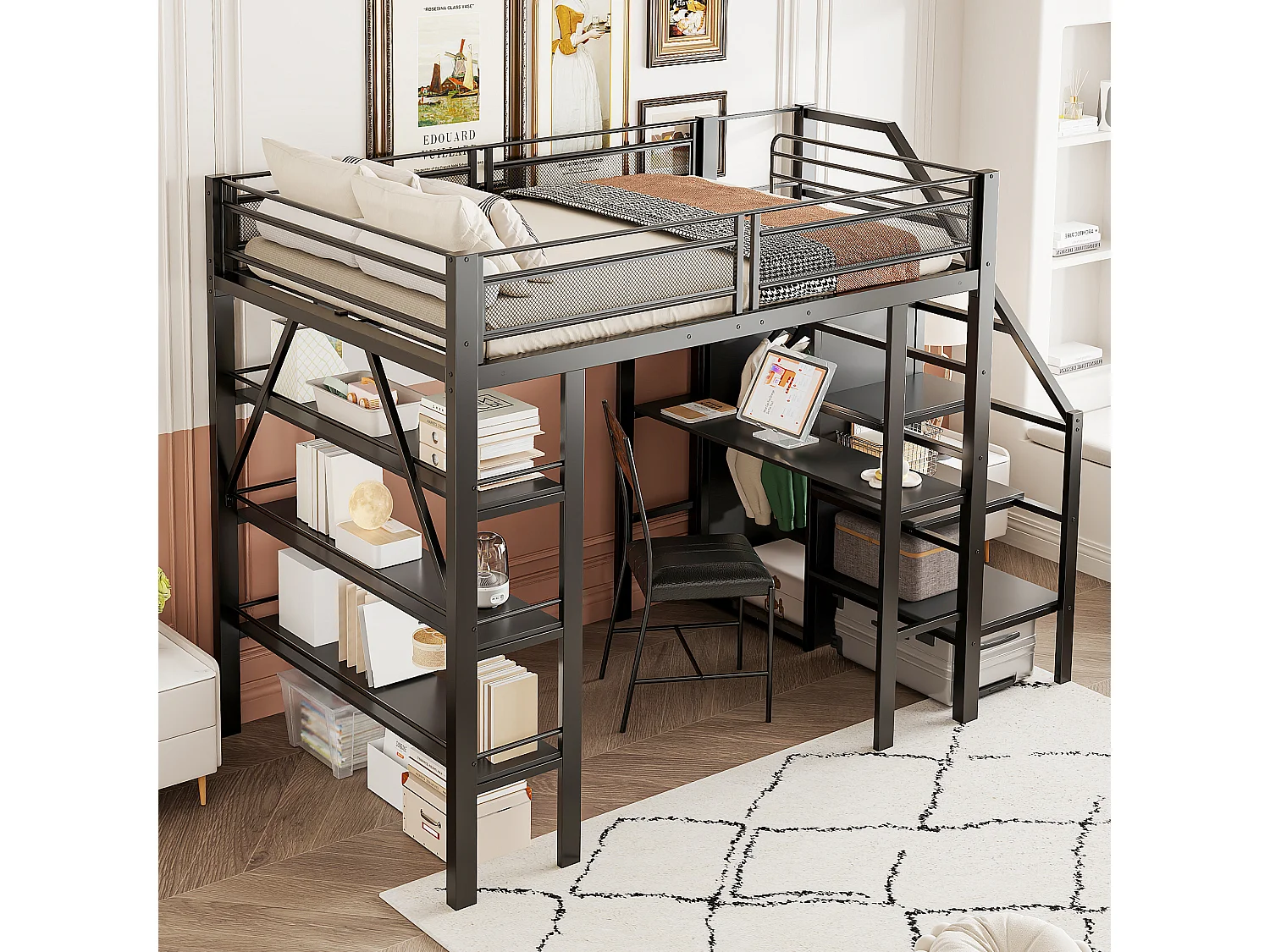 Lit mezzanine 140x200 cm, étagère à 3 niveaux, bureau, armoire, échelle sécurisée, rangement, métal, noir (252x147.5x178.5 cm)