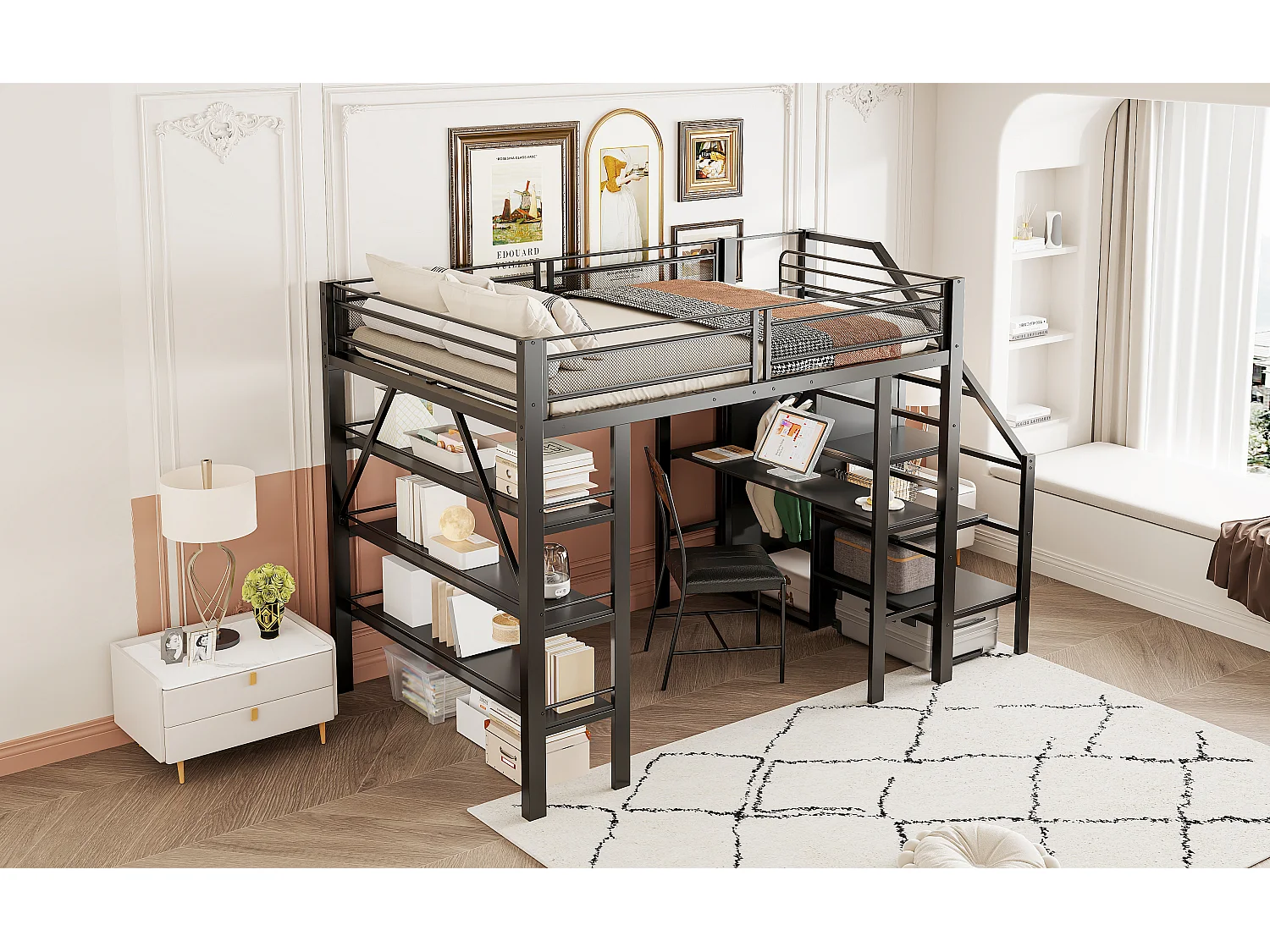 Lit mezzanine 140x200 cm, étagère à 3 niveaux, bureau, armoire, échelle sécurisée, rangement, métal, noir (252x147.5x178.5 cm)