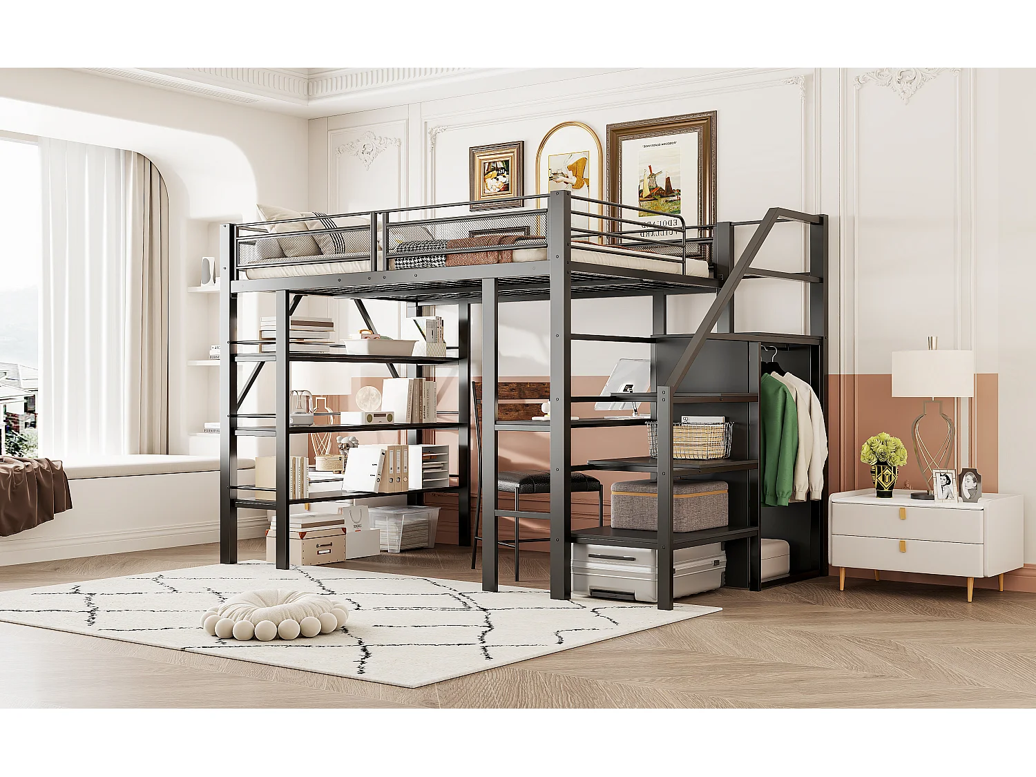 Lit mezzanine 140x200 cm, étagère à 3 niveaux, bureau, armoire, échelle sécurisée, rangement, métal, noir (252x147.5x178.5 cm)