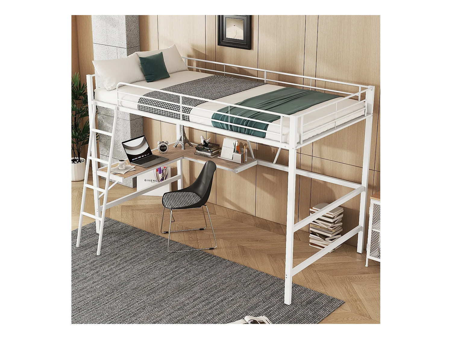 Lit mezzanine, 90x200 cm, avec bureau en L et étagère, structure en métal, blanc (204.5x149x180.5 cm)