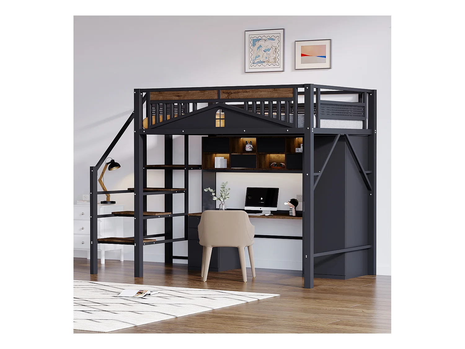 Lit mezzanine en métal - 140 x 200 cm - avec barrière + échelle de sécurité - bois + Métal - noir