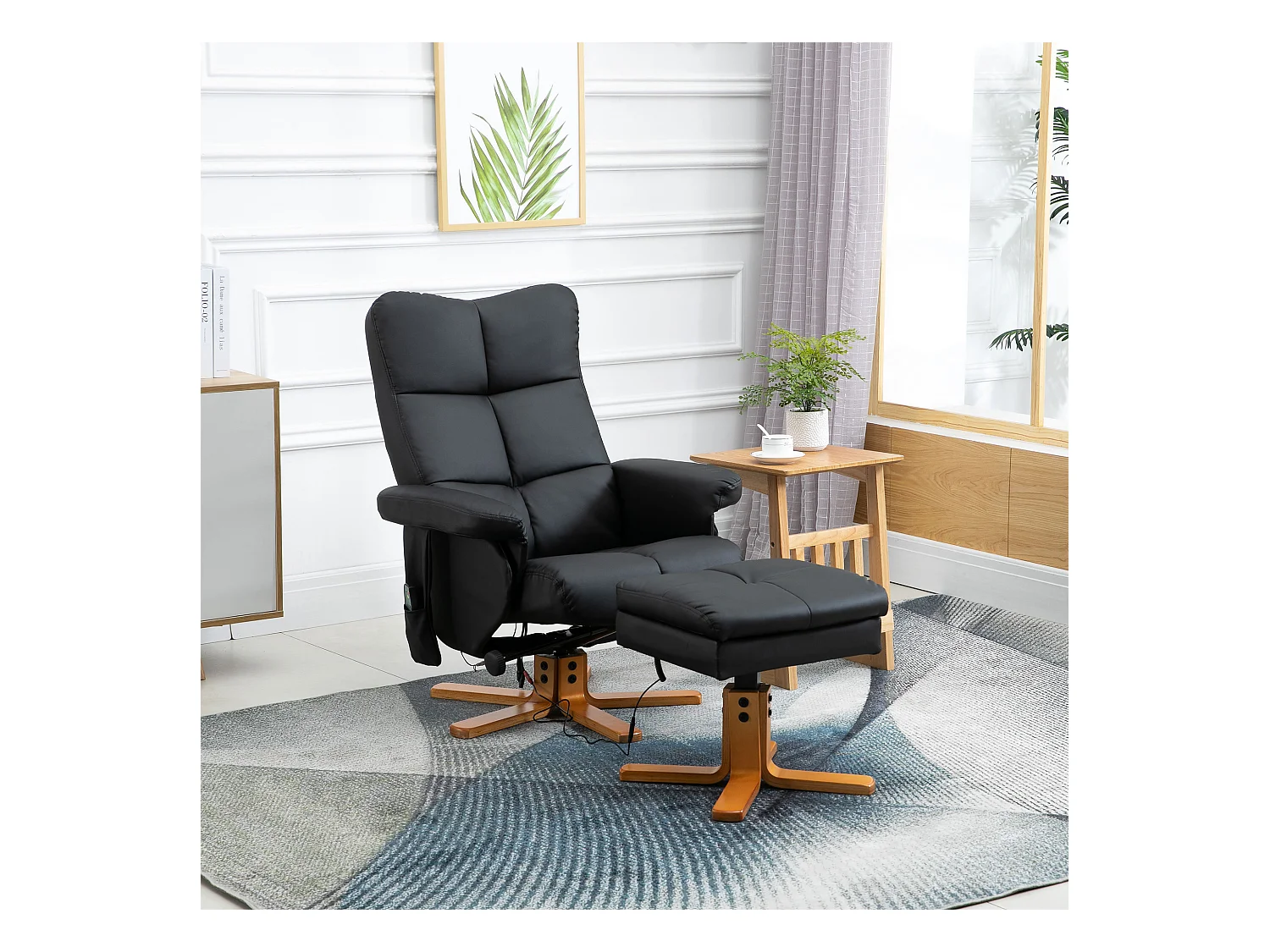 Poltrona relax con funzione massaggio, pouf contenitore, inclinazione 145°, rivestimento in poliestere, nero (80x86x99 cm)