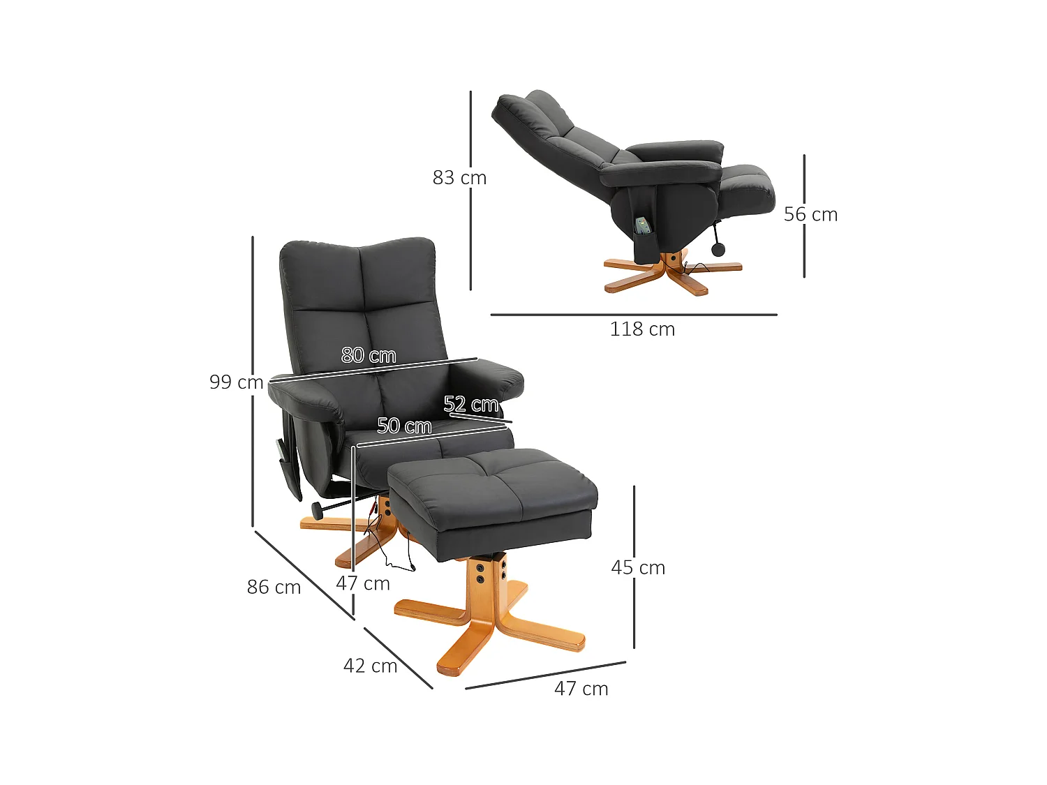 Poltrona relax con funzione massaggio, pouf contenitore, inclinazione 145°, rivestimento in poliestere, nero (80x86x99 cm)