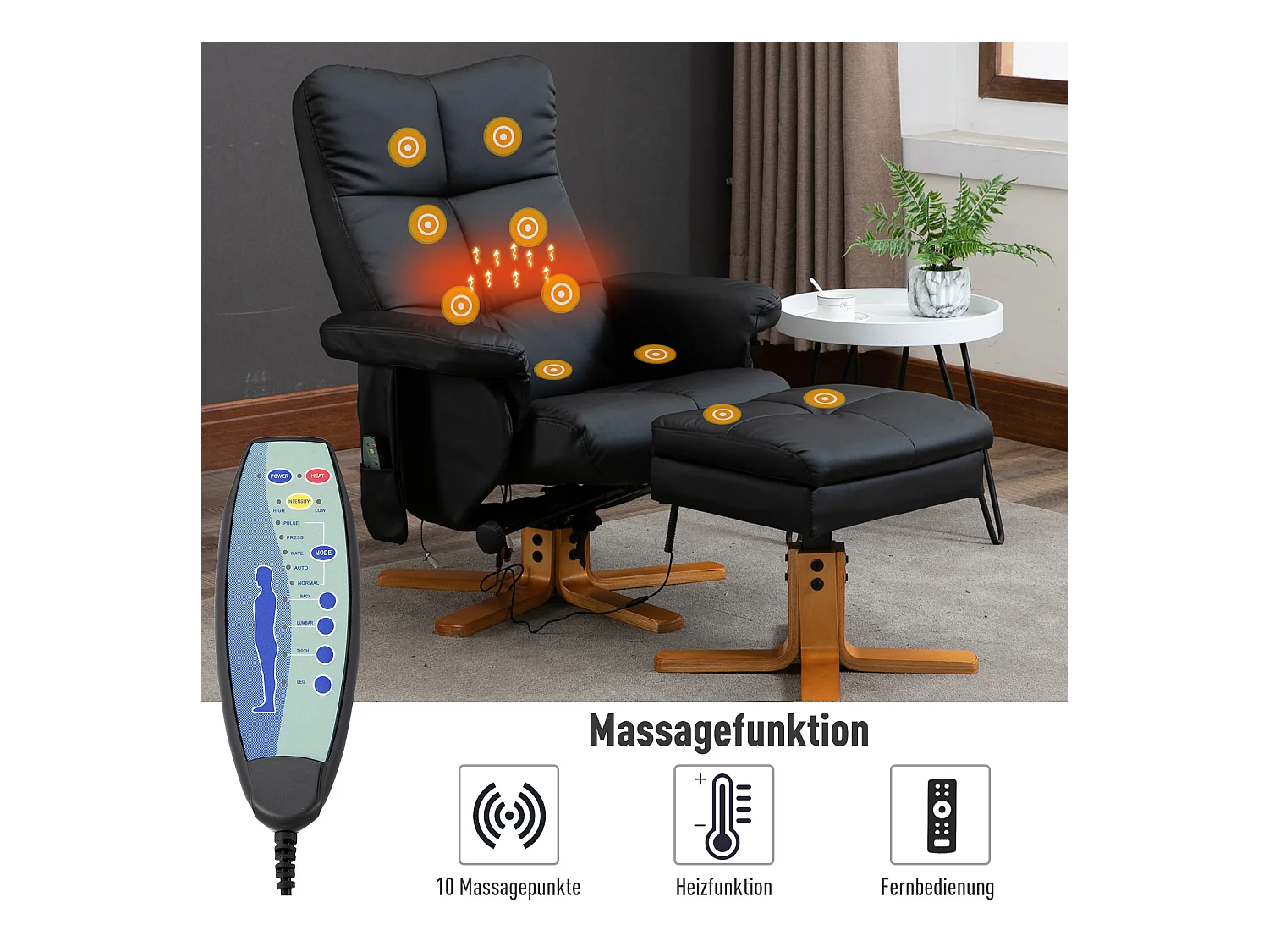 Poltrona relax con funzione massaggio, pouf contenitore, inclinazione 145°, rivestimento in poliestere, nero (80x86x99 cm)