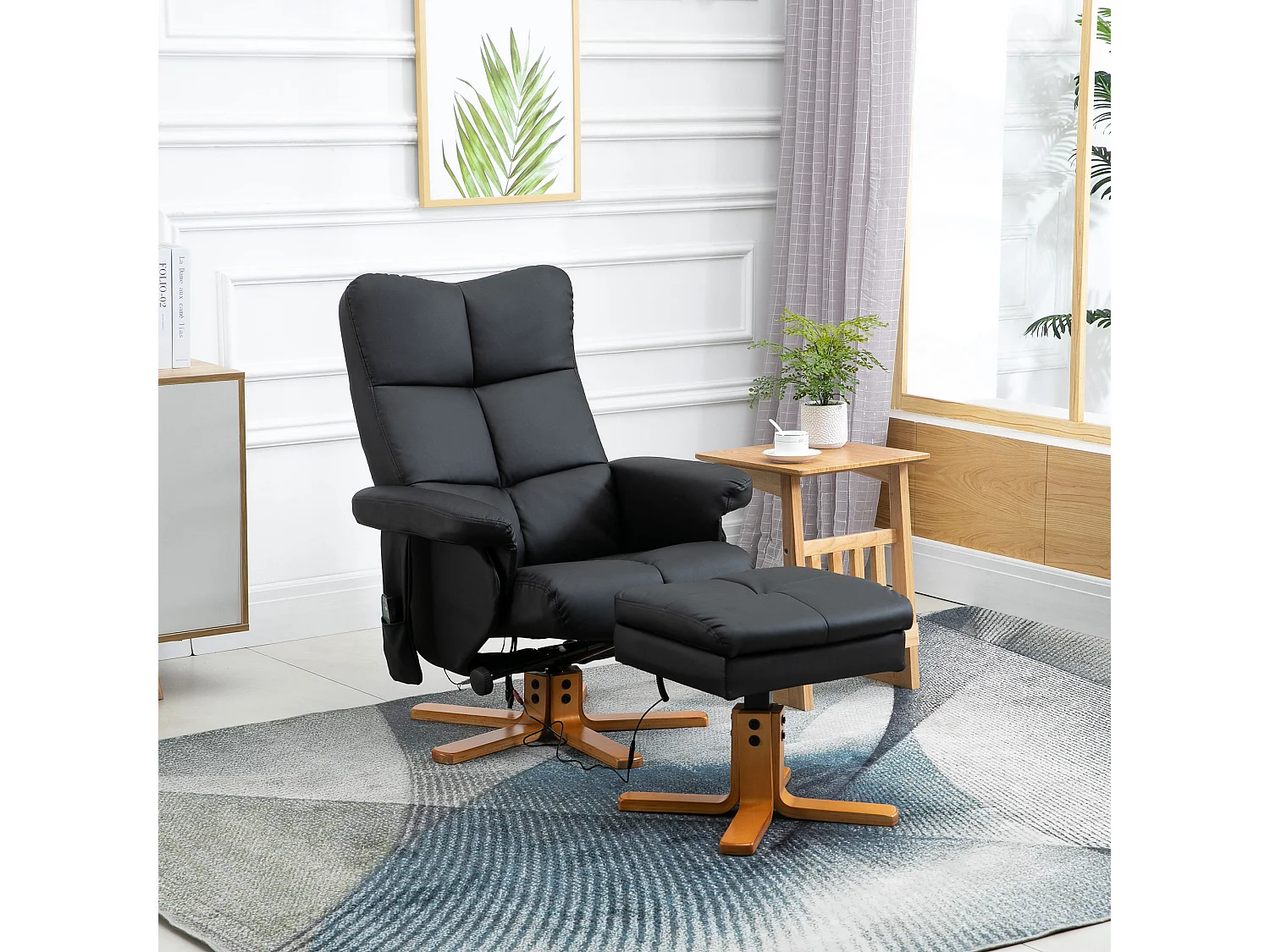 Fauteuil de relaxation avec fonction massage, pouf avec rangement, 145° inclinaison, revêtement polyester, noir (80x86x99 cm)