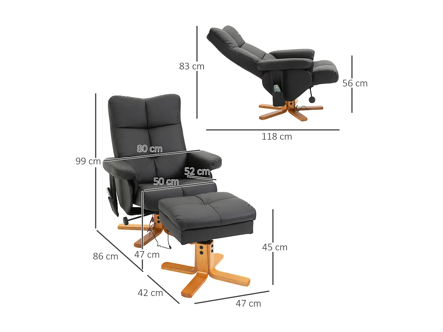 Fauteuil de relaxation avec fonction massage, pouf avec rangement, 145° inclinaison, revêtement polyester, noir (80x86x99 cm)