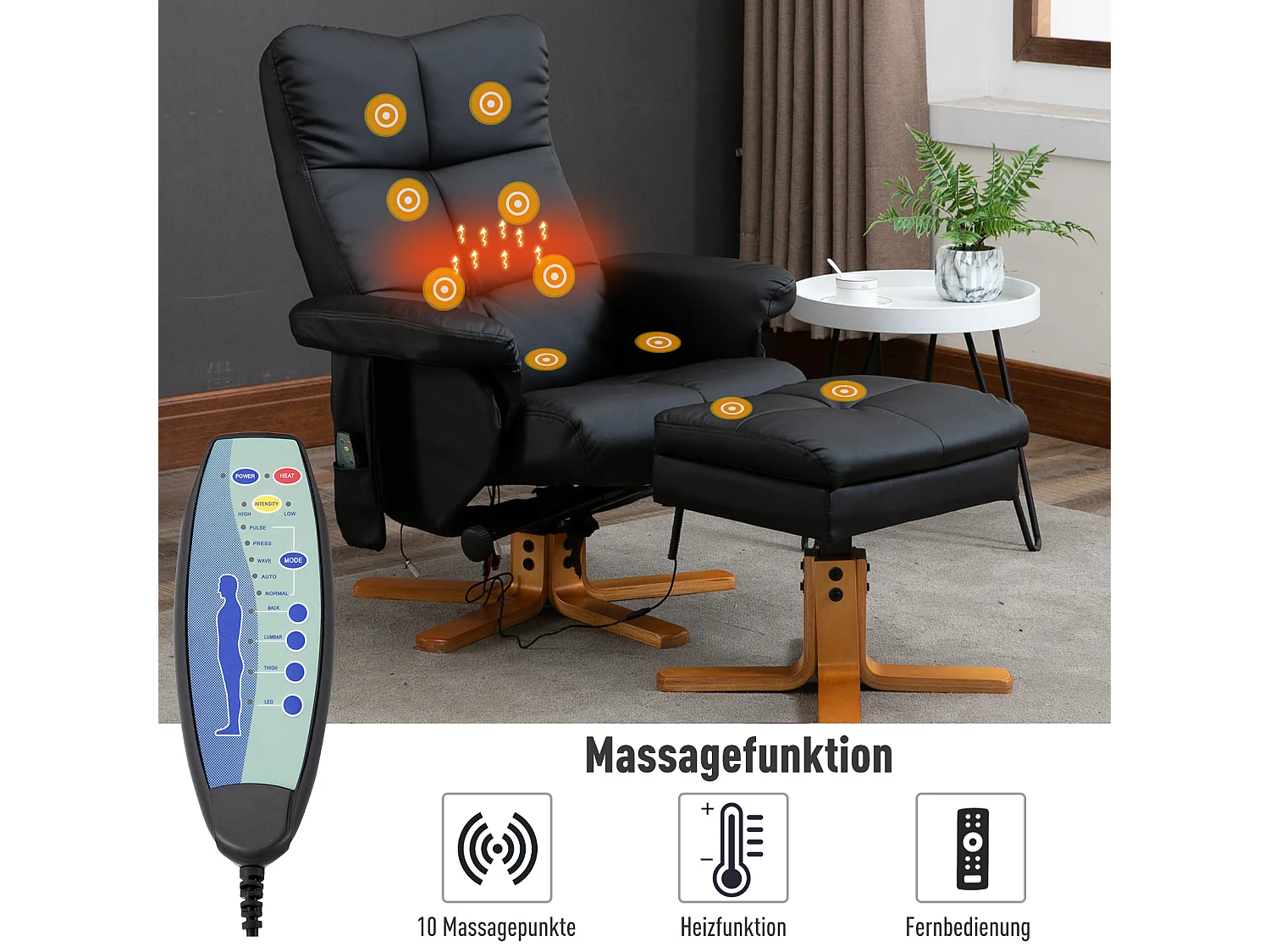 Fauteuil de relaxation avec fonction massage, pouf avec rangement, 145° inclinaison, revêtement polyester, noir (80x86x99 cm)