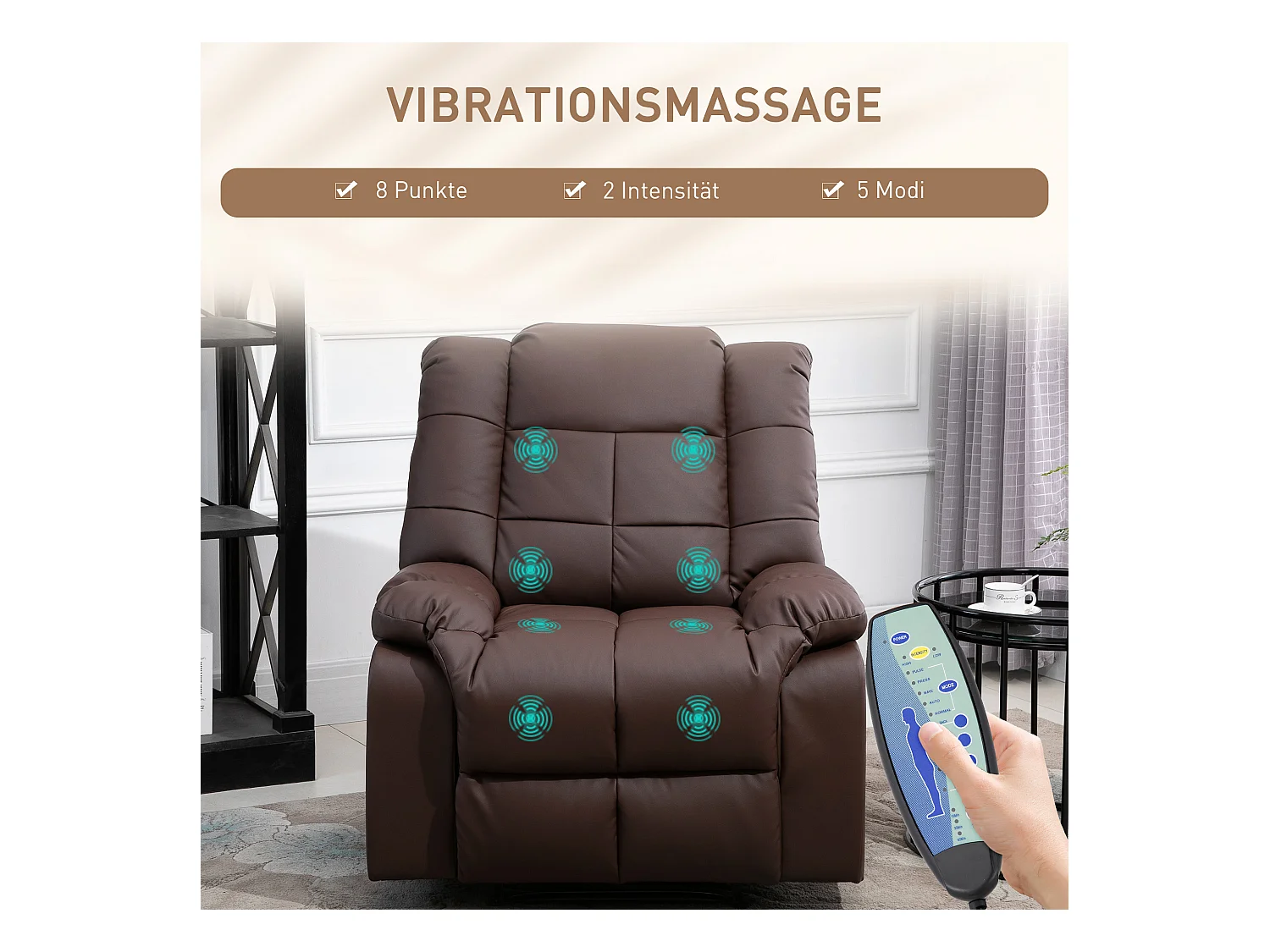 Fauteuil relax avec fonction massage, cuir synthétique, 165° inclinable, gris (94x99x99cm)