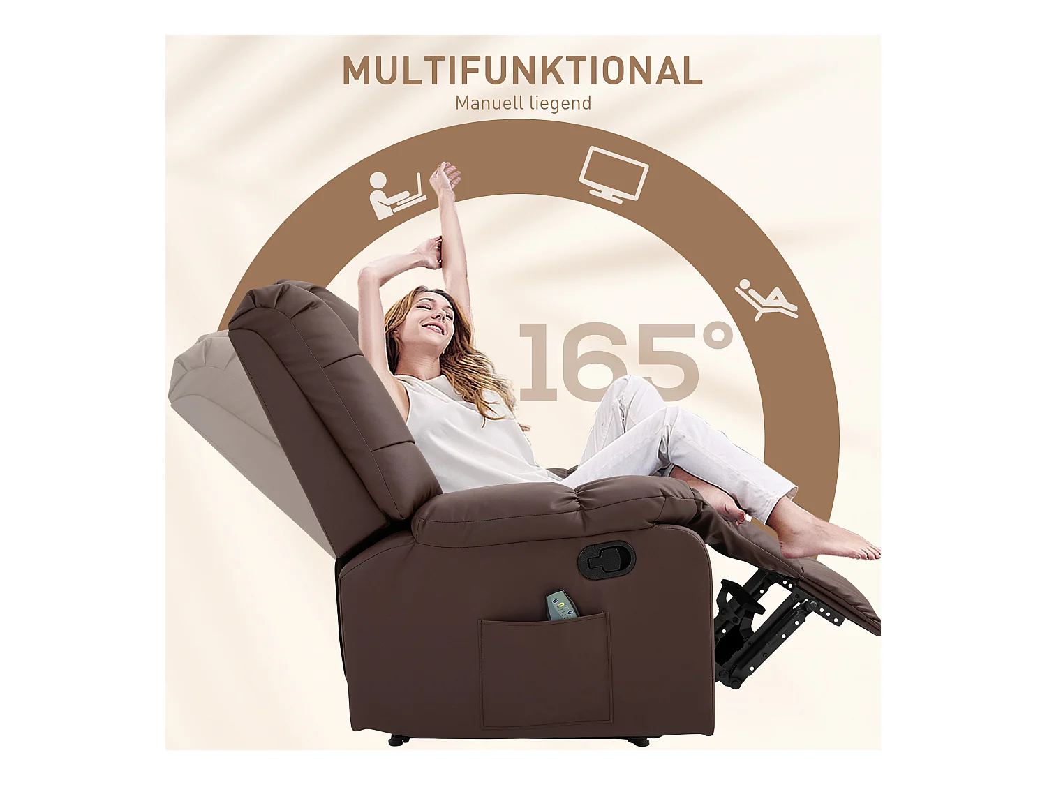 Fauteuil relax avec fonction massage, cuir synthétique, 165° inclinable, gris (94x99x99cm)