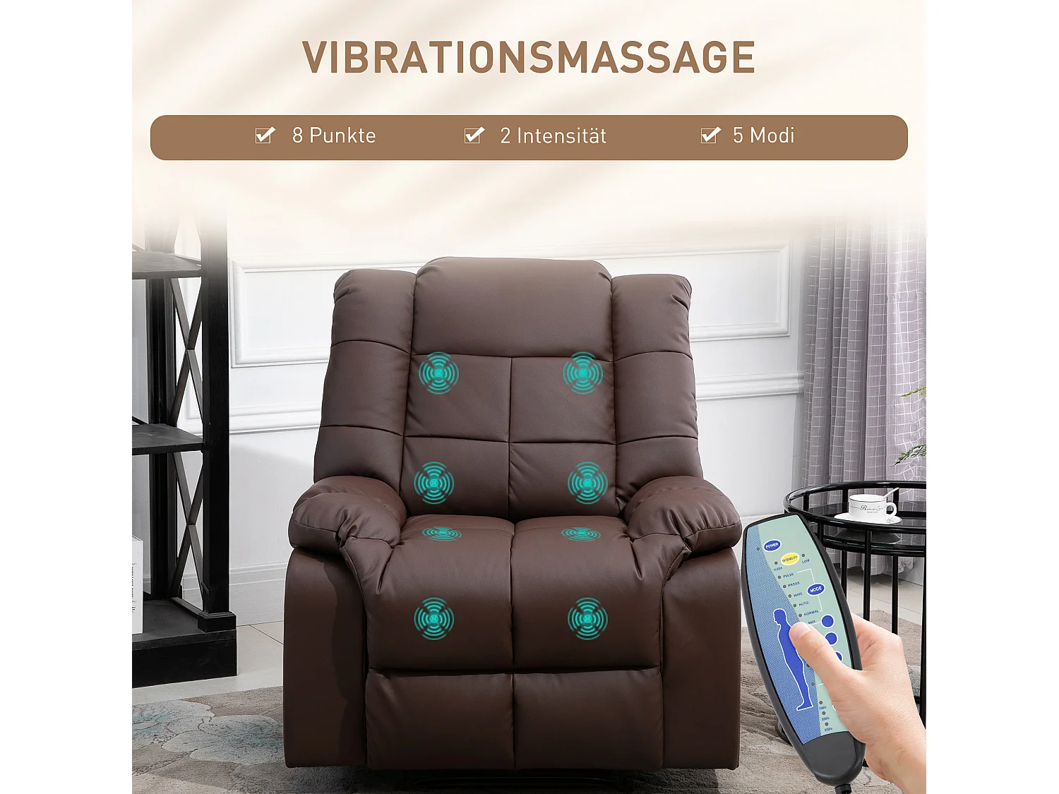 Fauteuil relax avec fonction massage, cuir synthétique, 165° inclinable, gris (94x99x99cm)