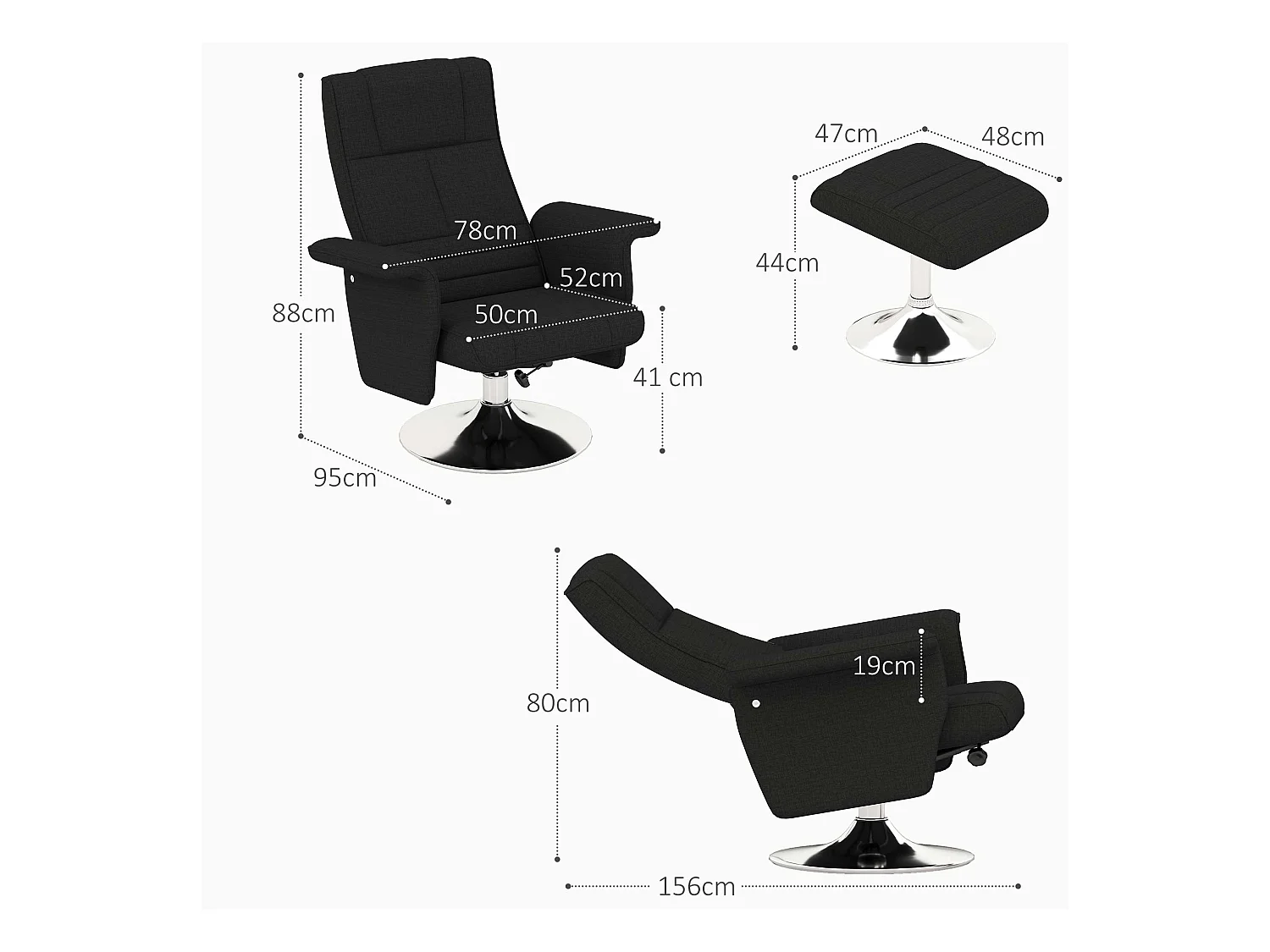 Fauteuil relax pivotant avec repose-pieds, 8 points de massage, fonction de bascule, simili cuir, acier, noir (78x95x88 cm)
