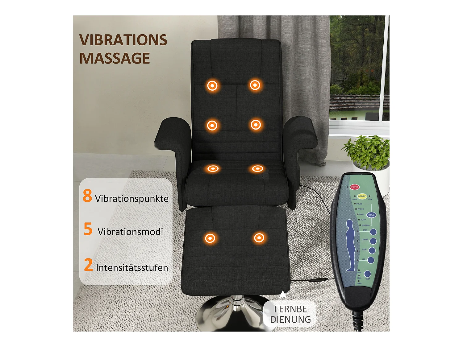 Fauteuil relax pivotant avec repose-pieds, 8 points de massage, fonction de bascule, simili cuir, acier, noir (78x95x88 cm)