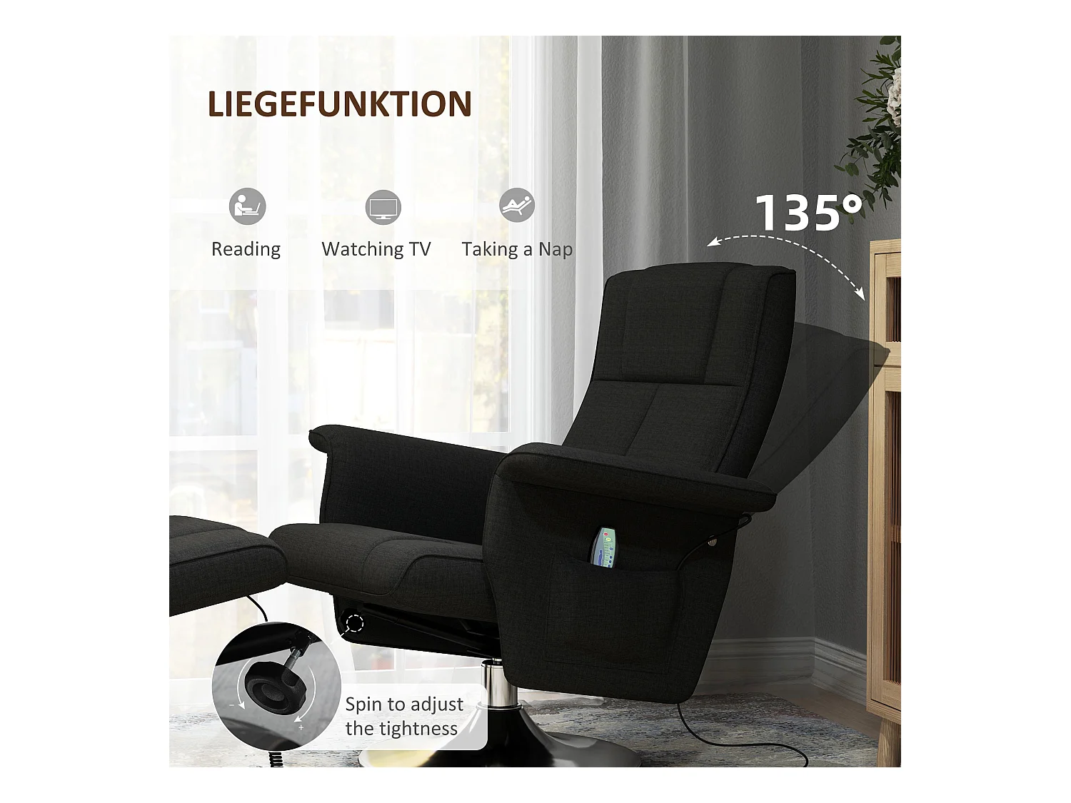 Fauteuil relax pivotant avec repose-pieds, 8 points de massage, fonction de bascule, simili cuir, acier, noir (78x95x88 cm)