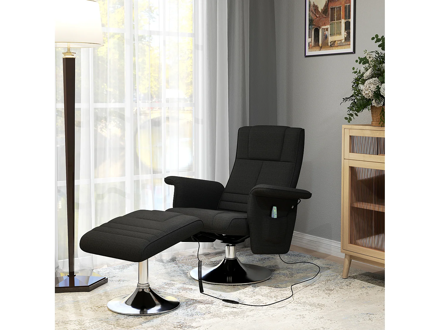 Fauteuil relax pivotant avec repose-pieds, 8 points de massage, fonction de bascule, simili cuir, acier, noir (78x95x88 cm)