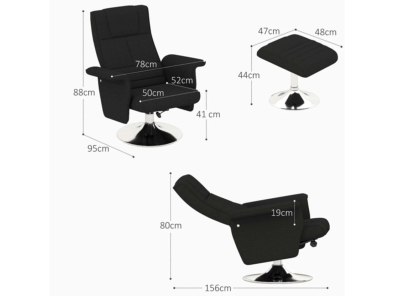Fauteuil relax pivotant avec repose-pieds, 8 points de massage, fonction de bascule, simili cuir, acier, noir (78x95x88 cm)
