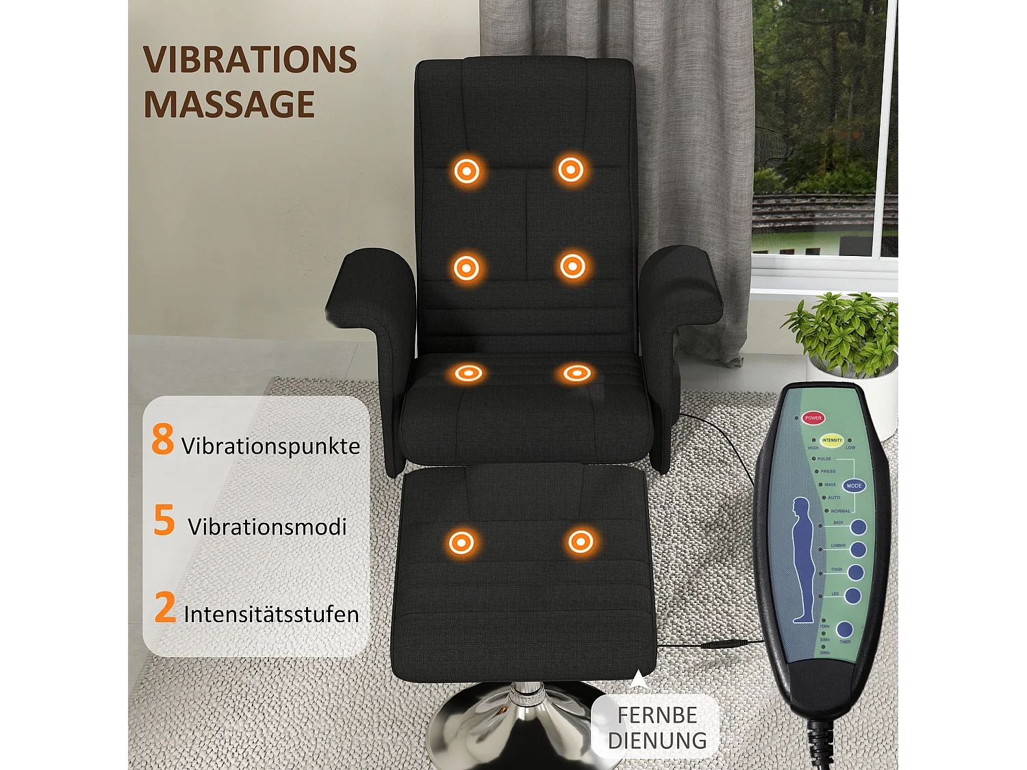 Fauteuil relax pivotant avec repose-pieds, 8 points de massage, fonction de bascule, simili cuir, acier, noir (78x95x88 cm)