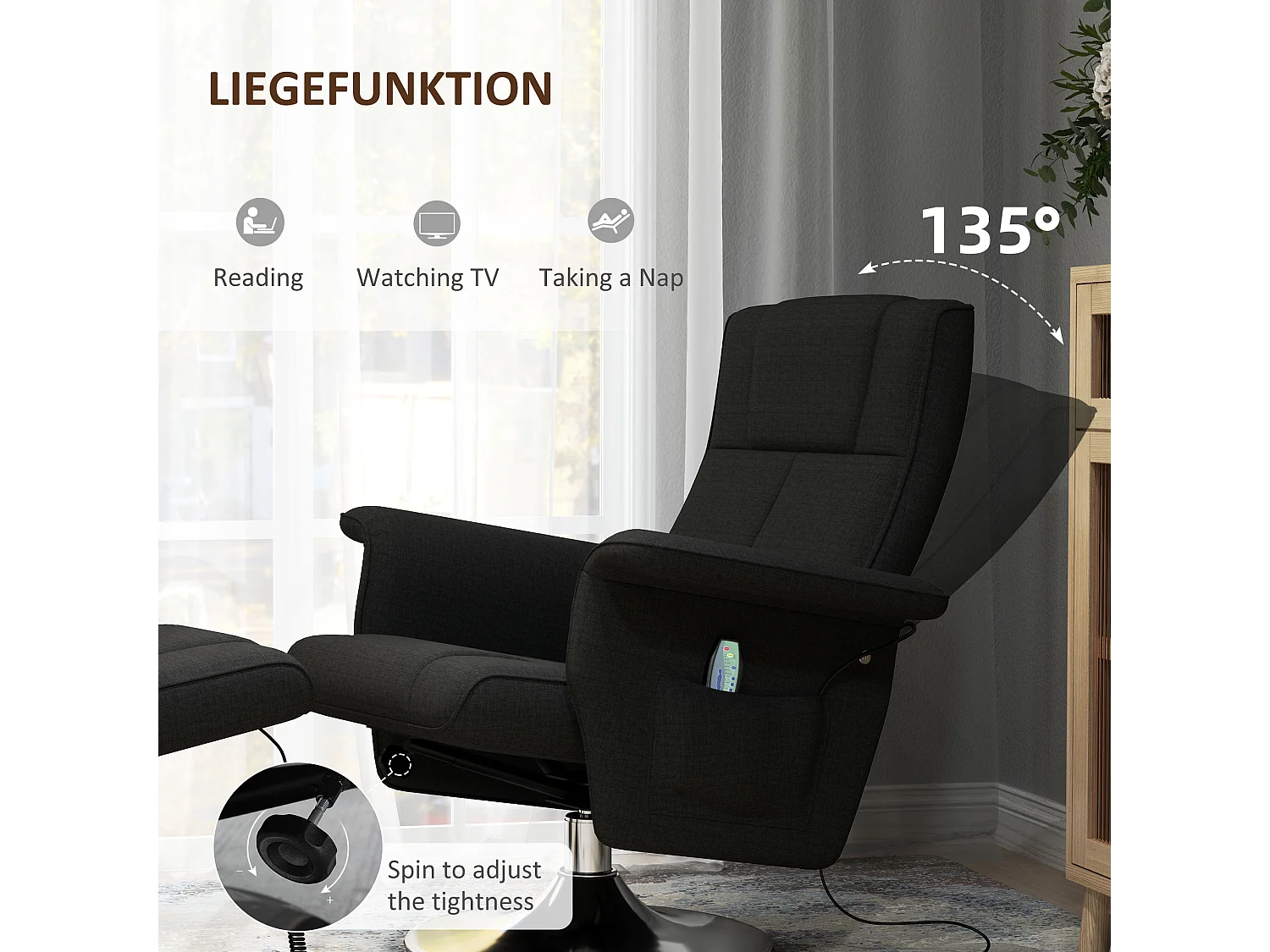 Fauteuil relax pivotant avec repose-pieds, 8 points de massage, fonction de bascule, simili cuir, acier, noir (78x95x88 cm)