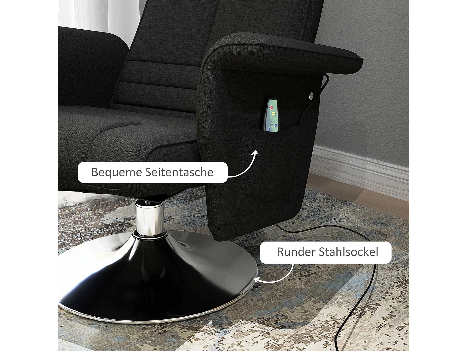 Fauteuil relax pivotant avec repose-pieds, 8 points de massage, fonction de bascule, simili cuir, acier, noir (78x95x88 cm)