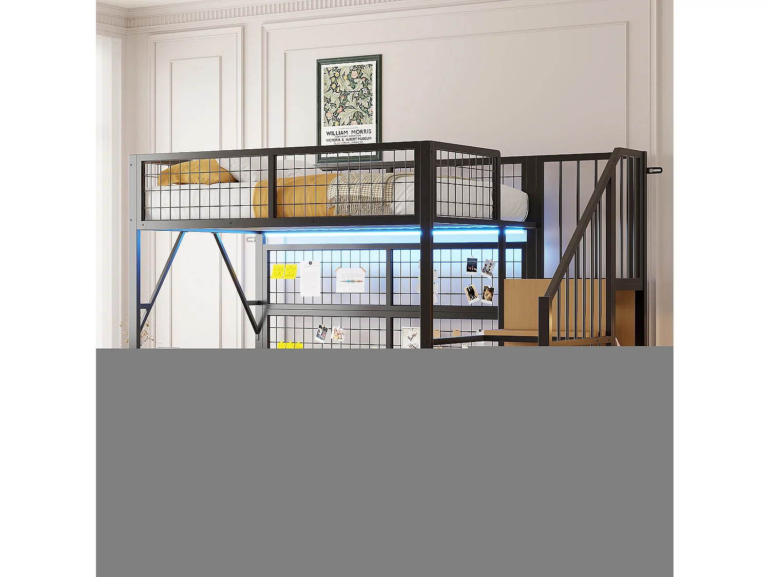 Lit mezzanine en métal 90x200 cm, avec LED contrôlées par application, échelle avec rangements, armoire ouverte, noir