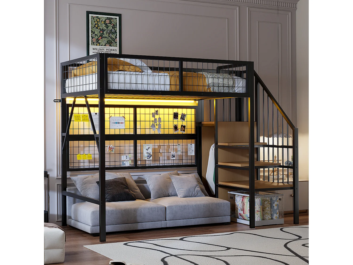 Lit mezzanine en métal 90x200 cm, avec LED contrôlées par application, échelle avec rangements, armoire ouverte, noir