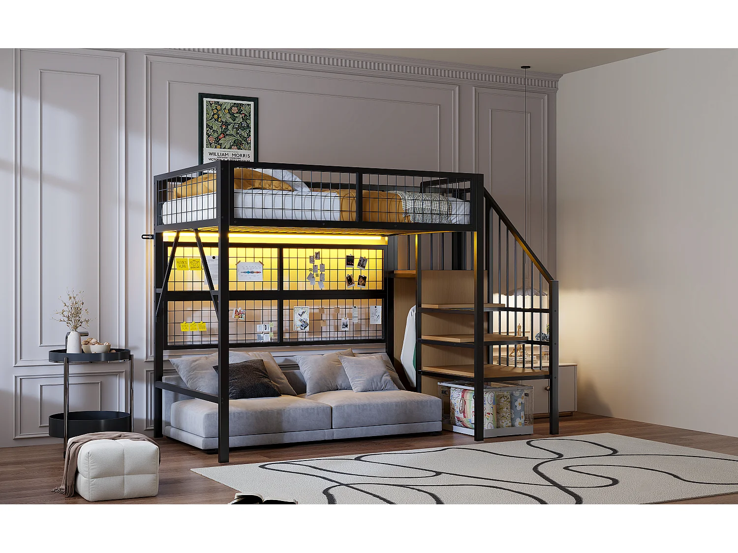 Lit mezzanine en métal 90x200 cm, avec LED contrôlées par application, échelle avec rangements, armoire ouverte, noir