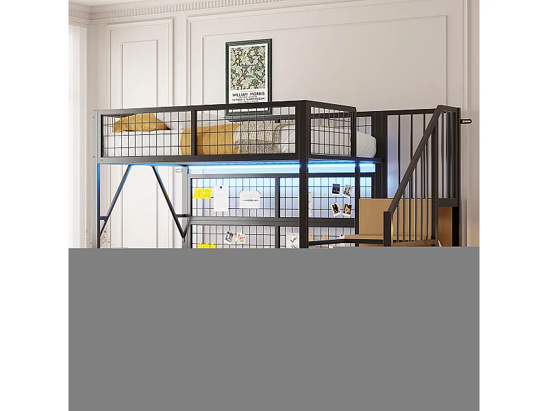 Lit mezzanine en métal 90x200 cm, avec LED contrôlées par application, échelle avec rangements, armoire ouverte, noir