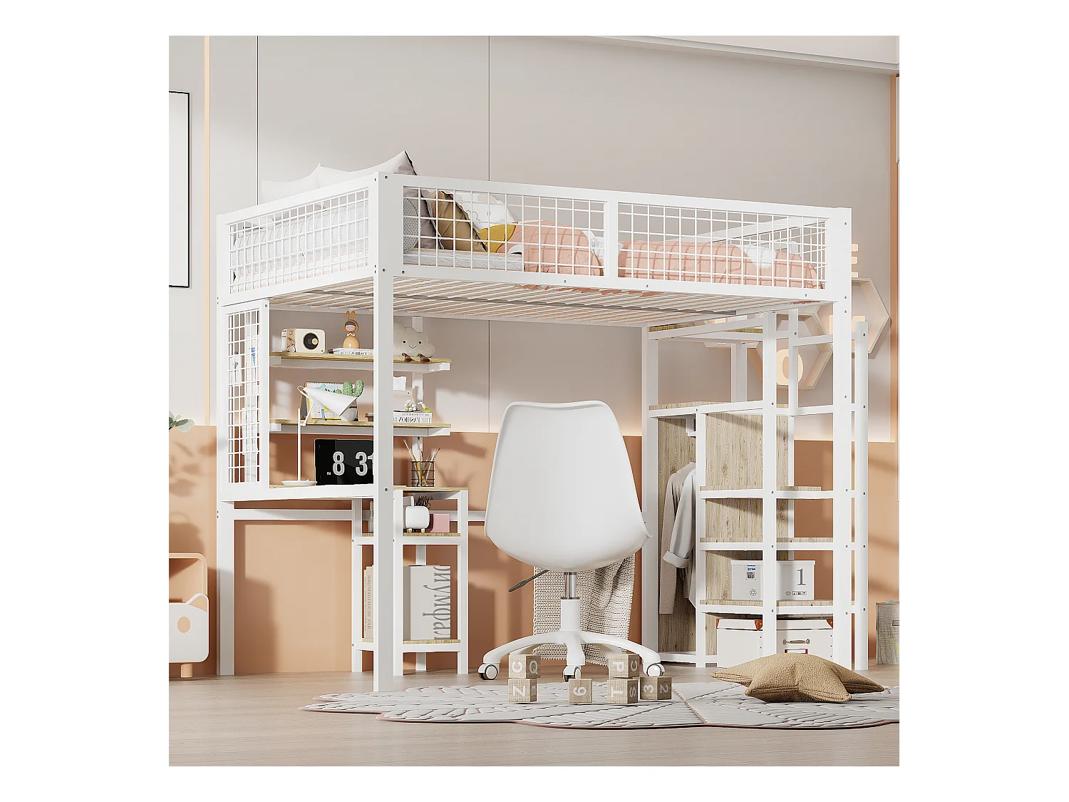 Cama alta de 140x200 con escalera de seguridad, estructura de metal, escritorio y armario integrados, color blanco (245x145x180 cm)