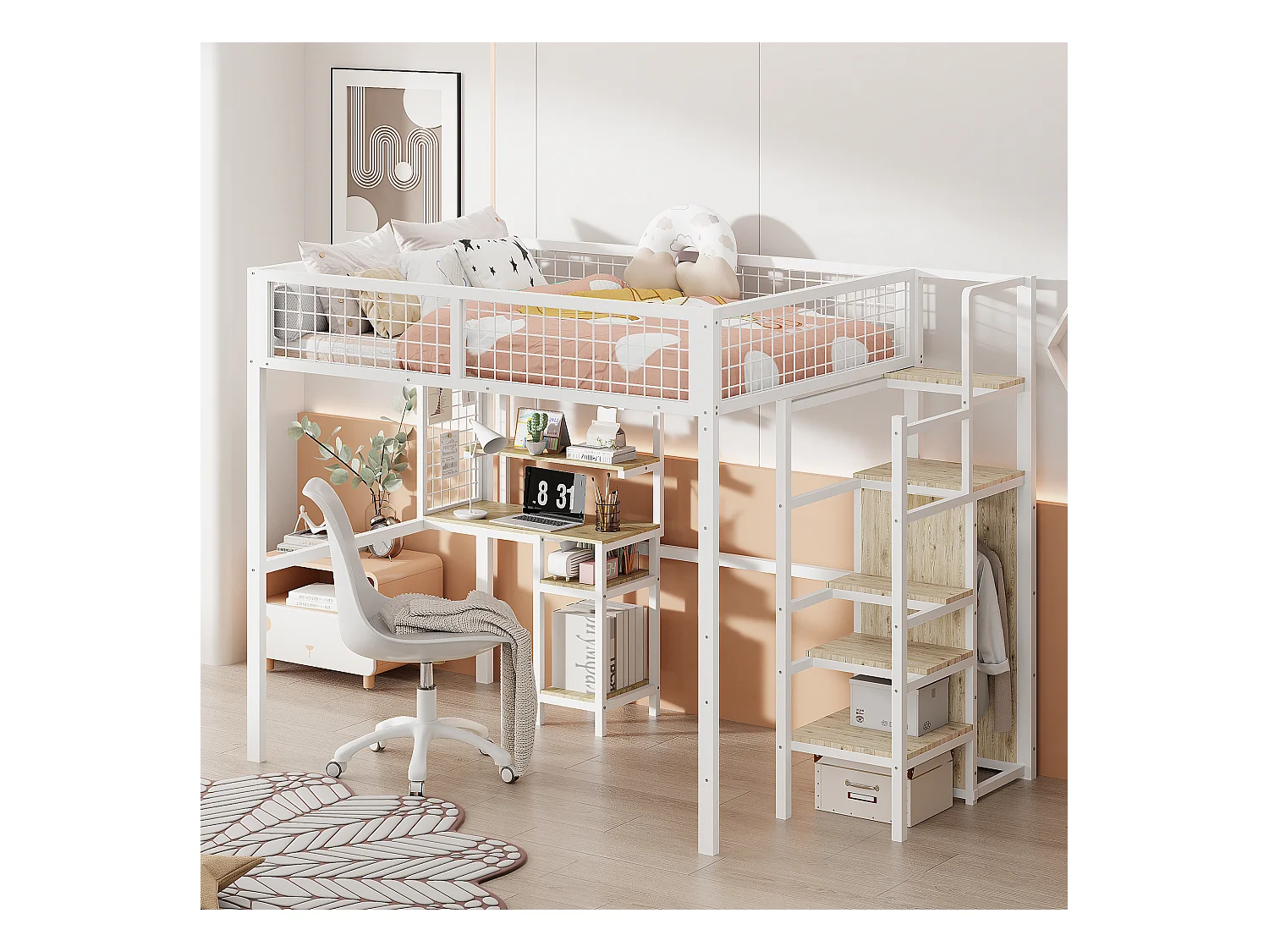 Cama alta de 140x200 con escalera de seguridad, estructura de metal, escritorio y armario integrados, color blanco (245x145x180 cm)