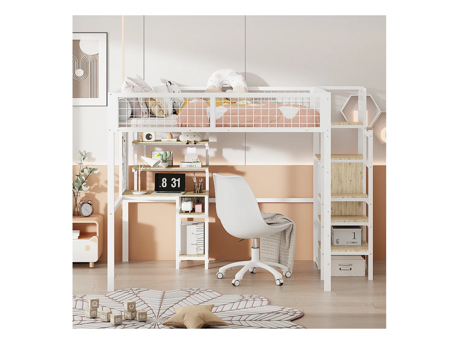 Cama alta de 140x200 con escalera de seguridad, estructura de metal, escritorio y armario integrados, color blanco (245x145x180 cm)