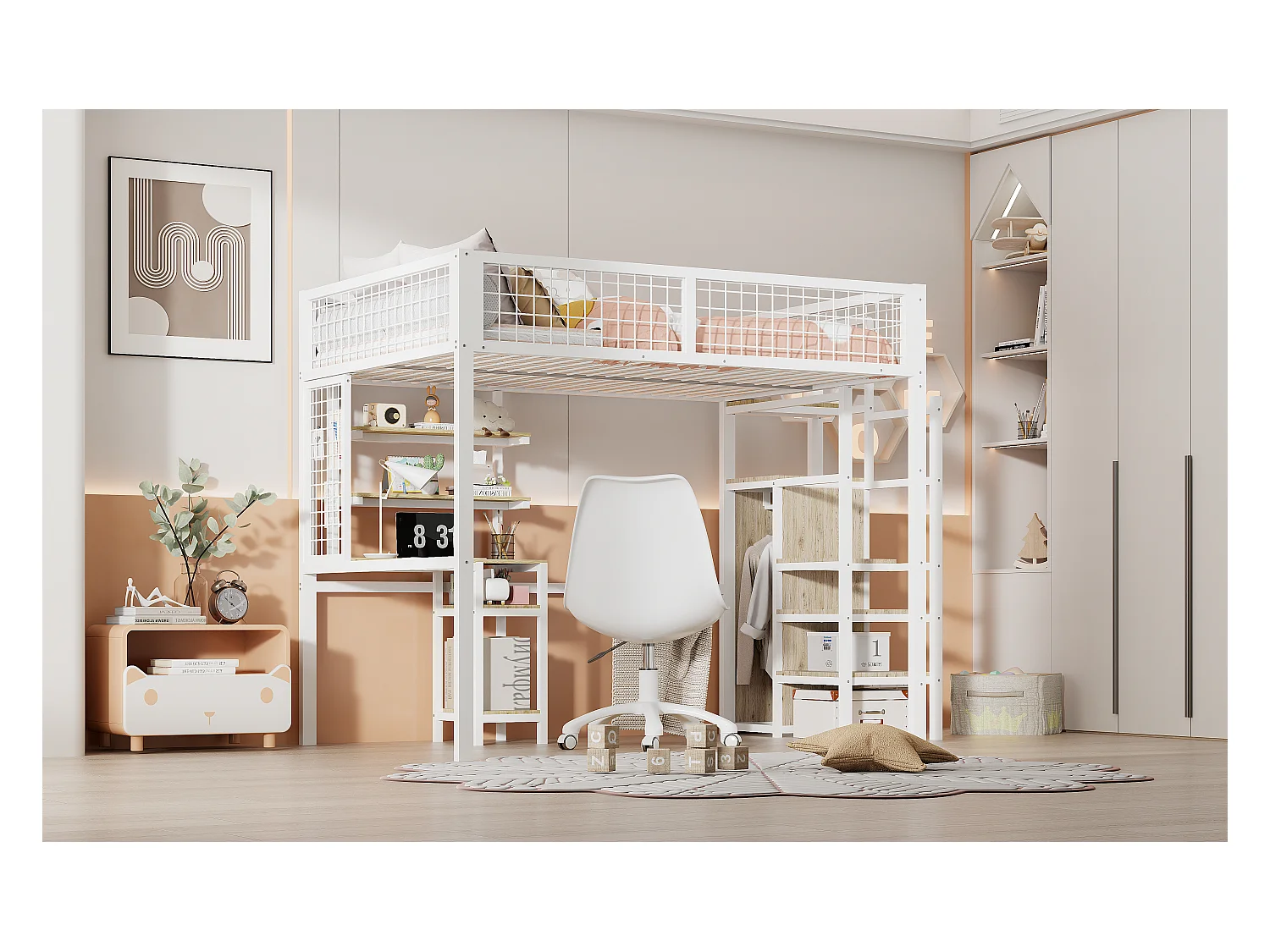 Cama alta de 140x200 con escalera de seguridad, estructura de metal, escritorio y armario integrados, color blanco (245x145x180 cm)
