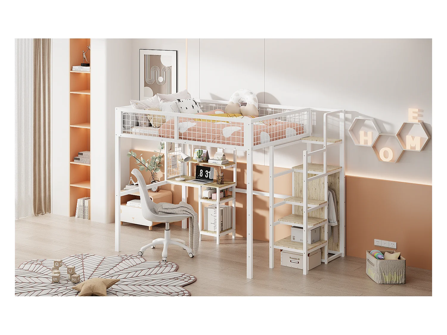 Cama alta de 140x200 con escalera de seguridad, estructura de metal, escritorio y armario integrados, color blanco (245x145x180 cm)