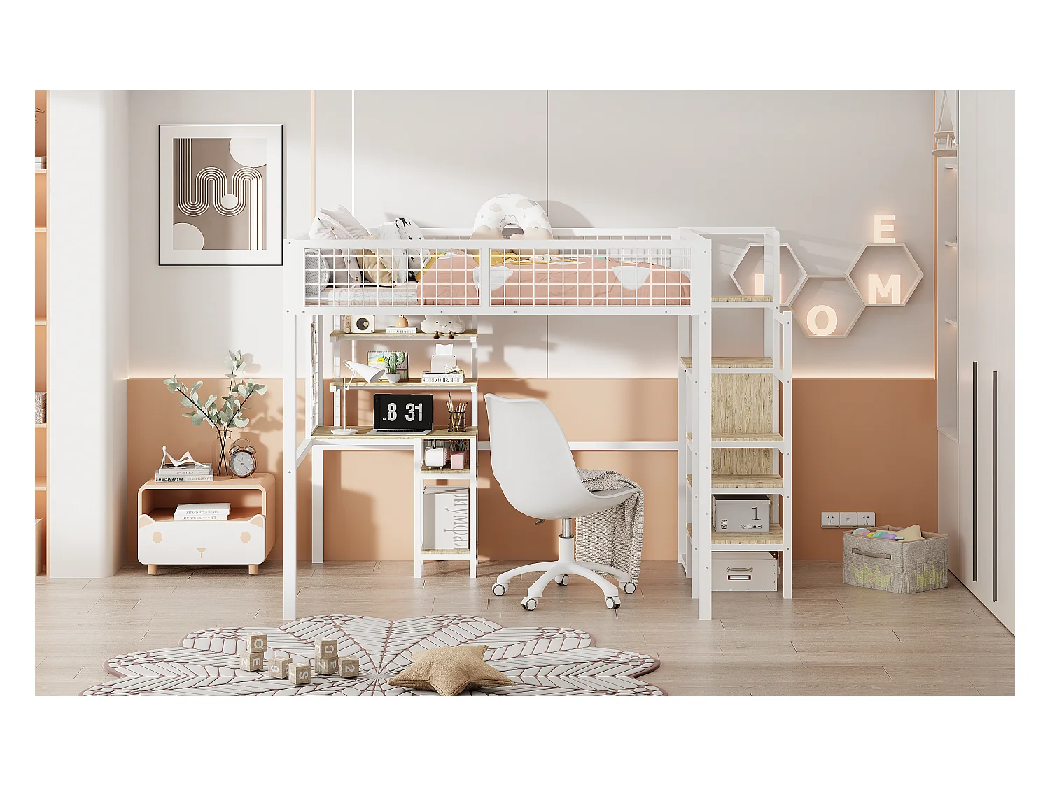 Cama alta de 140x200 con escalera de seguridad, estructura de metal, escritorio y armario integrados, color blanco (245x145x180 cm)