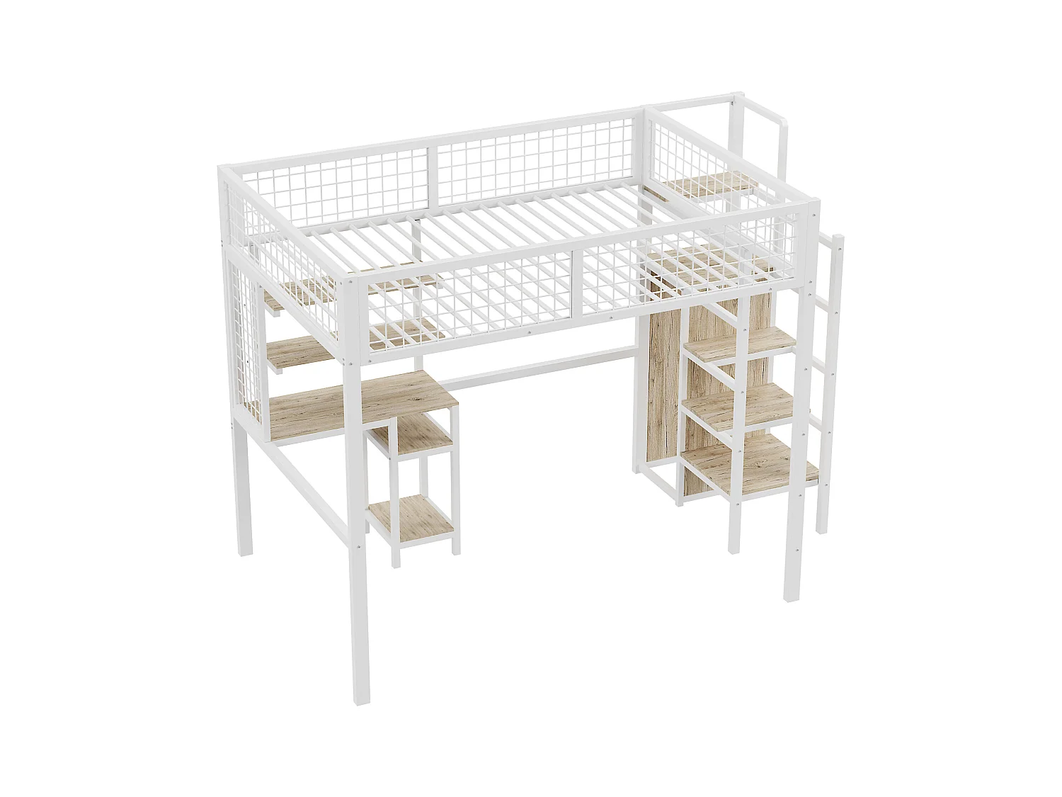 Cama alta de 140x200 con escalera de seguridad, estructura de metal, escritorio y armario integrados, color blanco (245x145x180 cm)