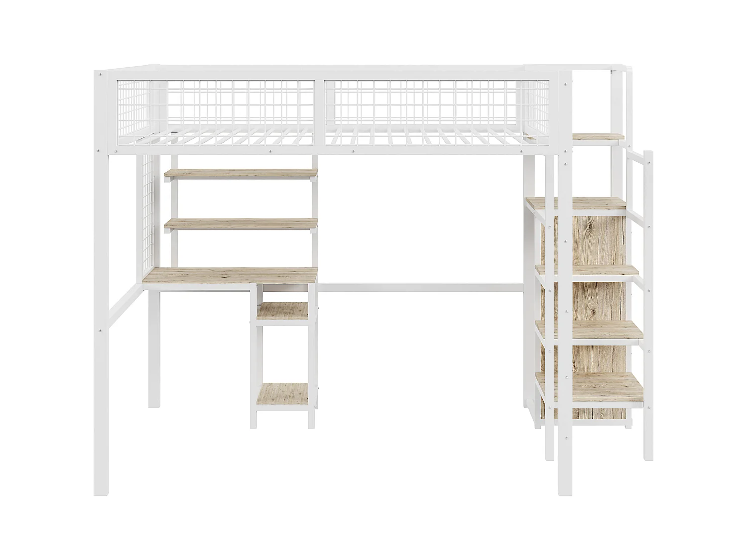 Cama alta de 140x200 con escalera de seguridad, estructura de metal, escritorio y armario integrados, color blanco (245x145x180 cm)