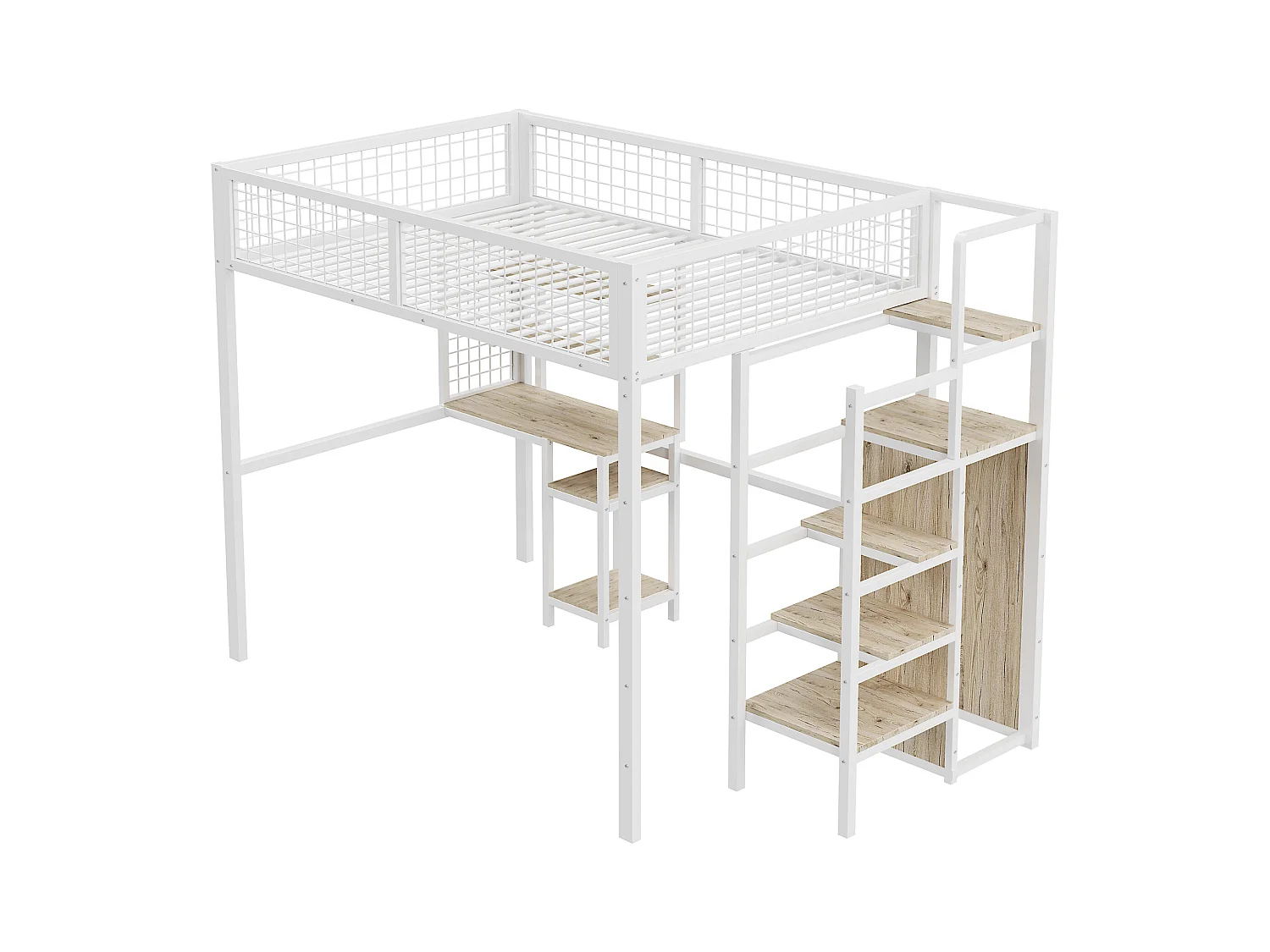 Cama alta de 140x200 con escalera de seguridad, estructura de metal, escritorio y armario integrados, color blanco (245x145x180 cm)