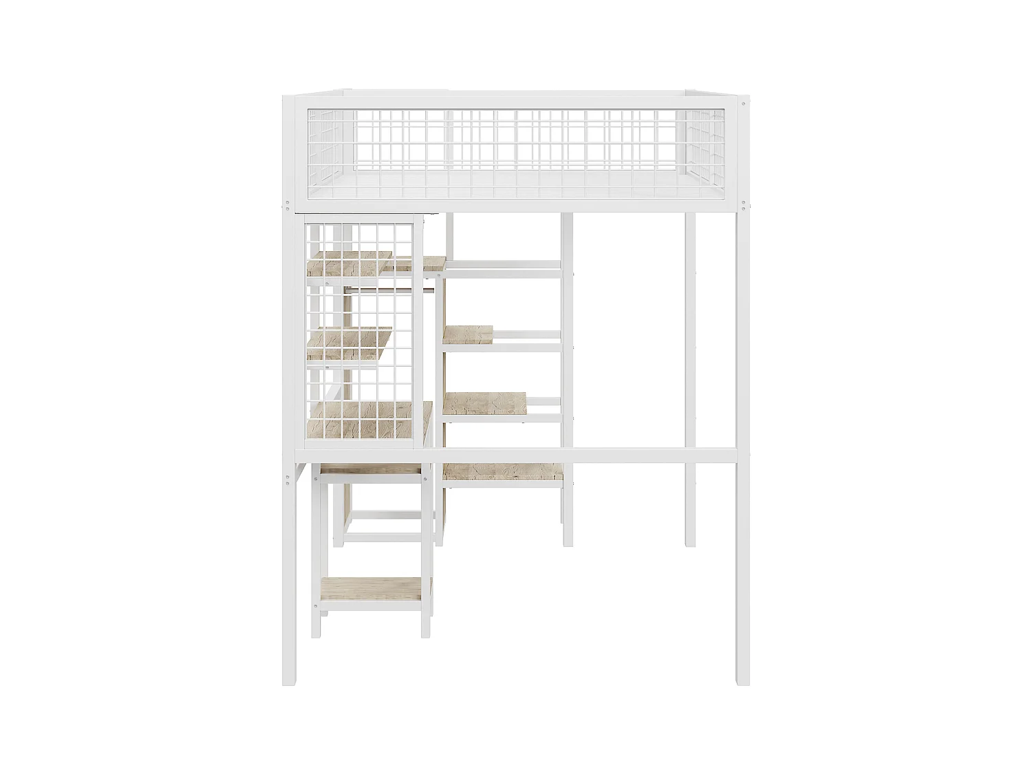 Cama alta de 140x200 con escalera de seguridad, estructura de metal, escritorio y armario integrados, color blanco (245x145x180 cm)