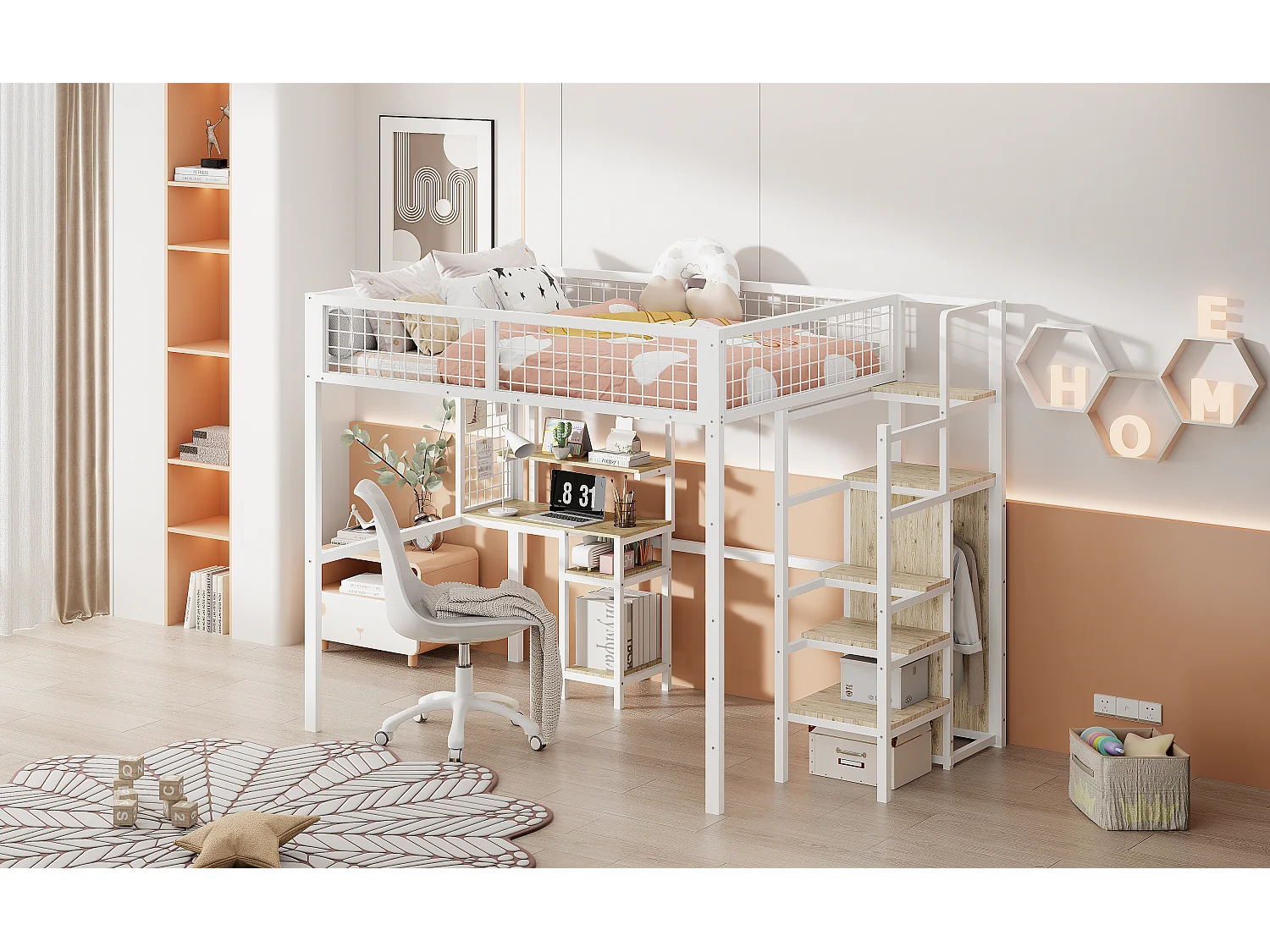 Cama alta de 140x200 con escalera de seguridad, estructura de metal, escritorio y armario integrados, color blanco (245x145x180 cm)