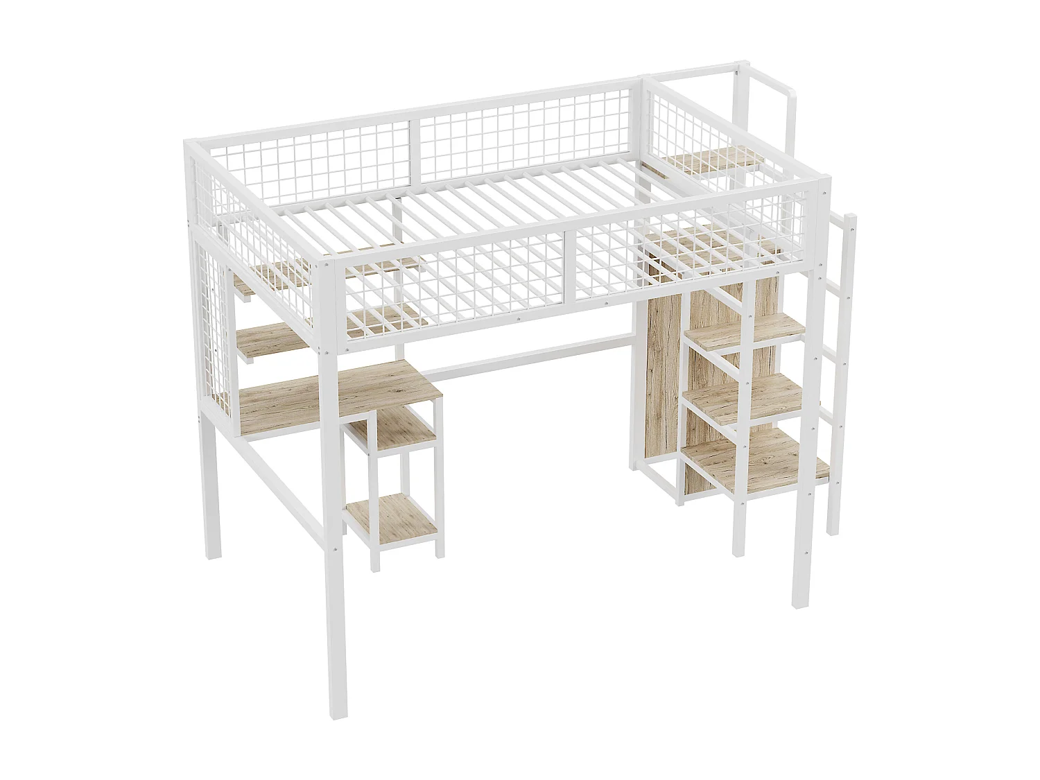 Cama alta de 140x200 con escalera de seguridad, estructura de metal, escritorio y armario integrados, color blanco (245x145x180 cm)