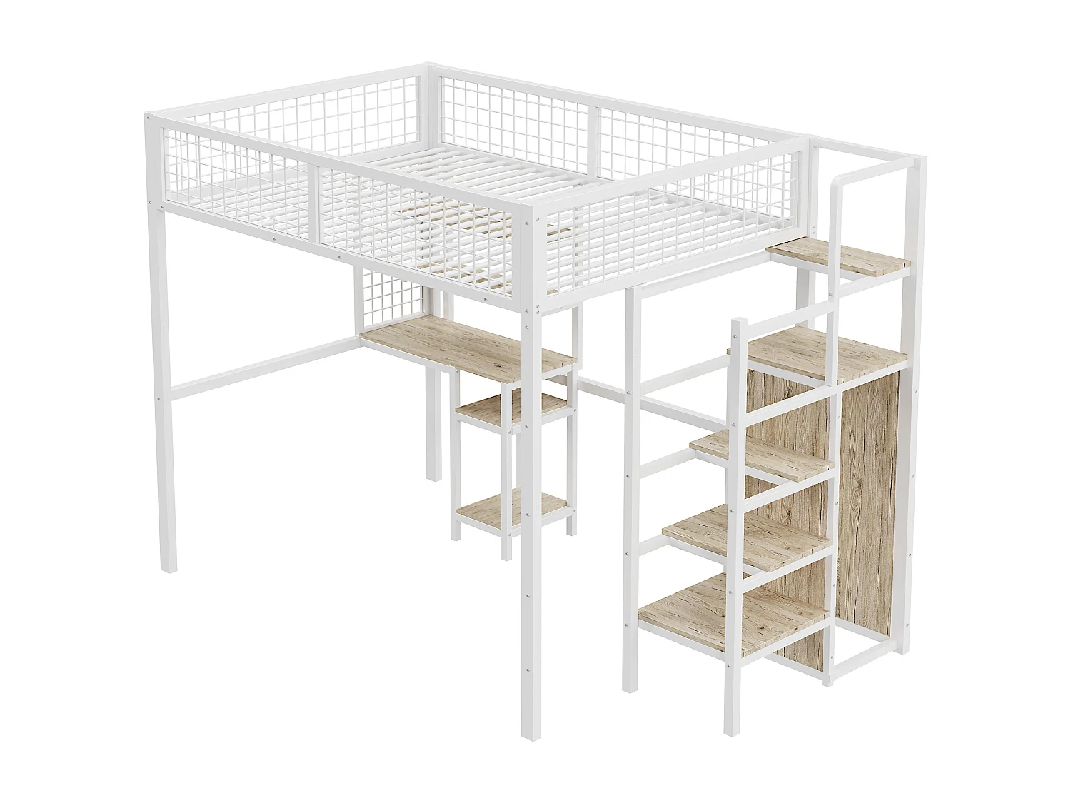 Cama alta de 140x200 con escalera de seguridad, estructura de metal, escritorio y armario integrados, color blanco (245x145x180 cm)