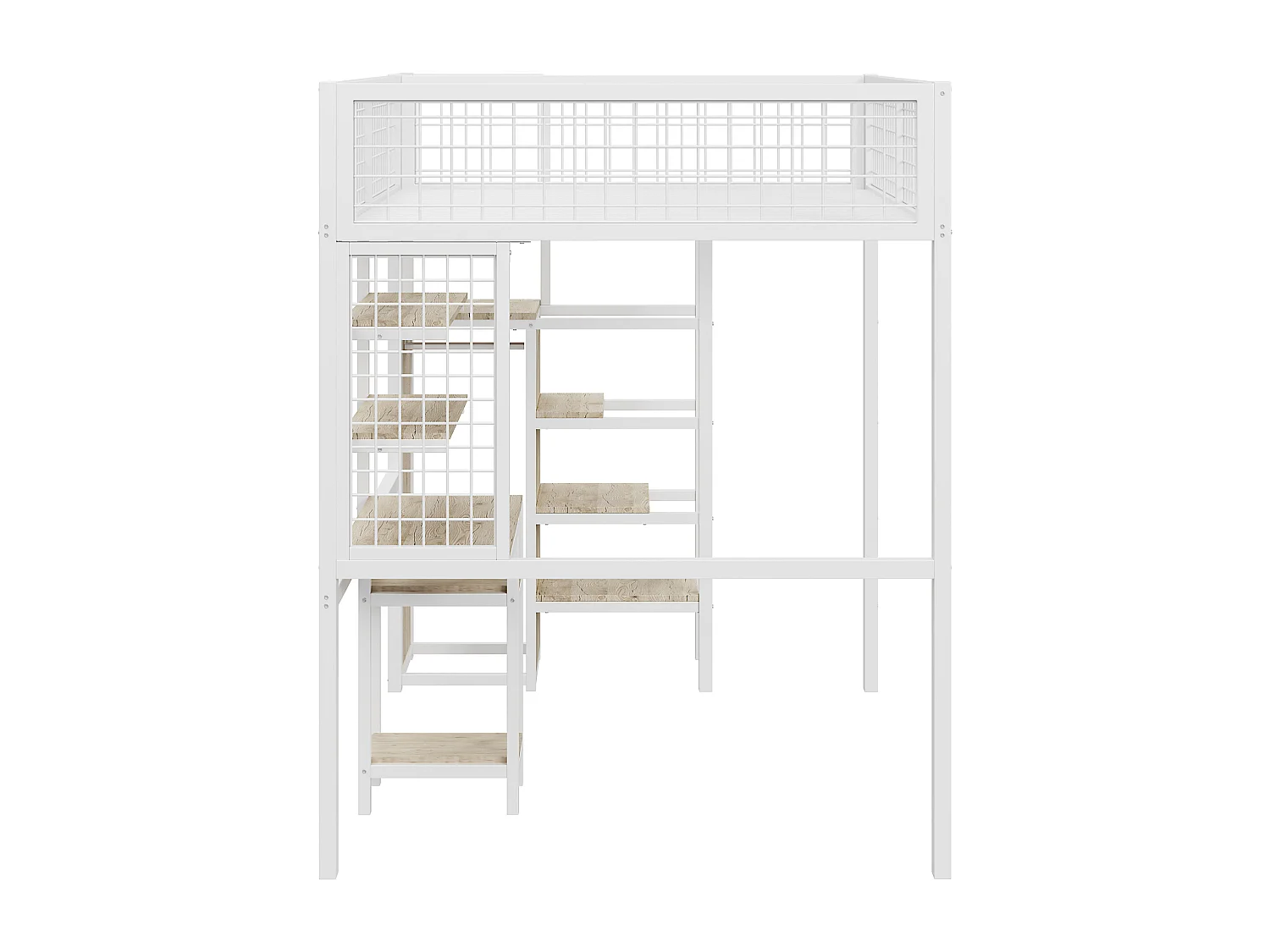 Cama alta de 140x200 con escalera de seguridad, estructura de metal, escritorio y armario integrados, color blanco (245x145x180 cm)