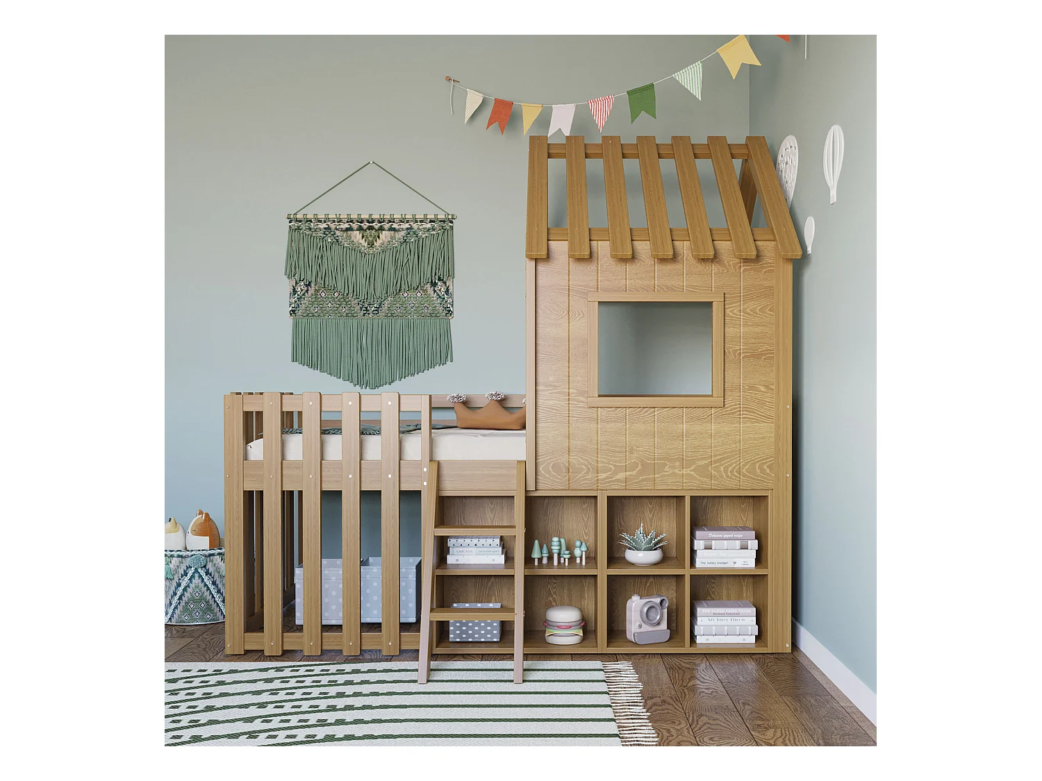 Lit mezzanine pour enfant 90x200, avec toit, fenêtres, espace de rangement et échelle, bois massif, couleur bois naturel (204.5x95x201 cm)