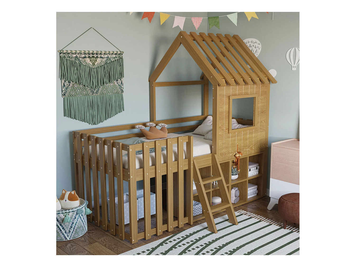 Lit mezzanine pour enfant 90x200, avec toit, fenêtres, espace de rangement et échelle, bois massif, couleur bois naturel (204.5x95x201 cm)