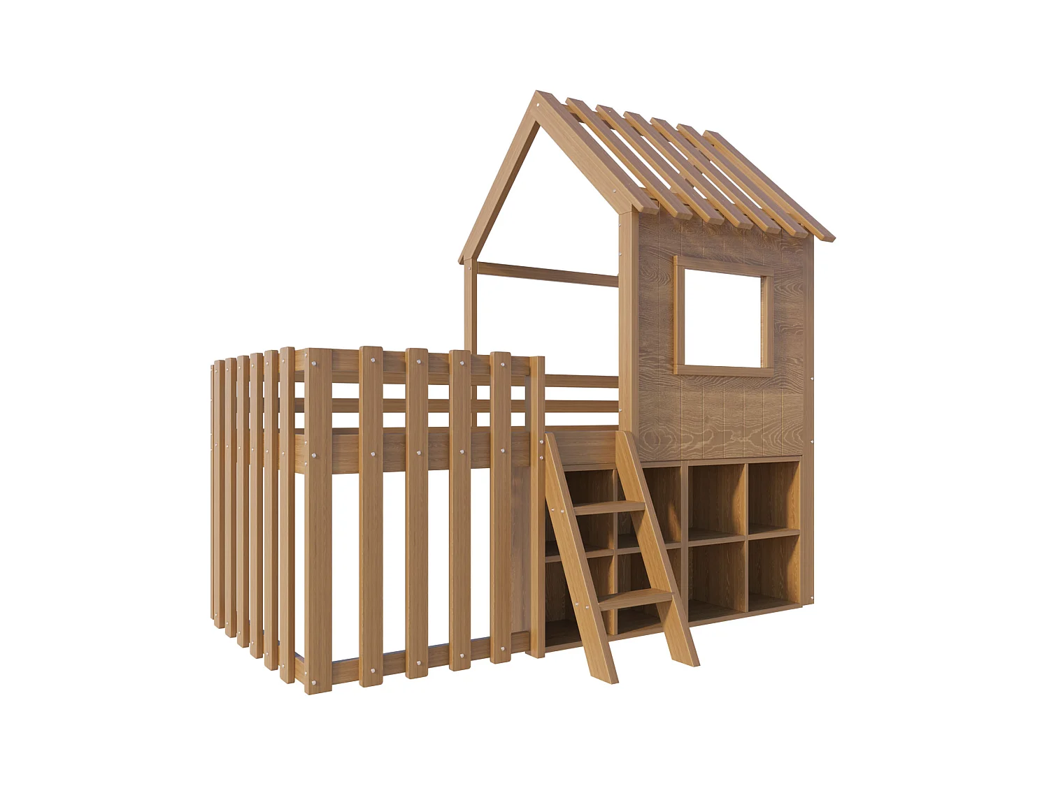 Lit mezzanine pour enfant 90x200, avec toit, fenêtres, espace de rangement et échelle, bois massif, couleur bois naturel (204.5x95x201 cm)