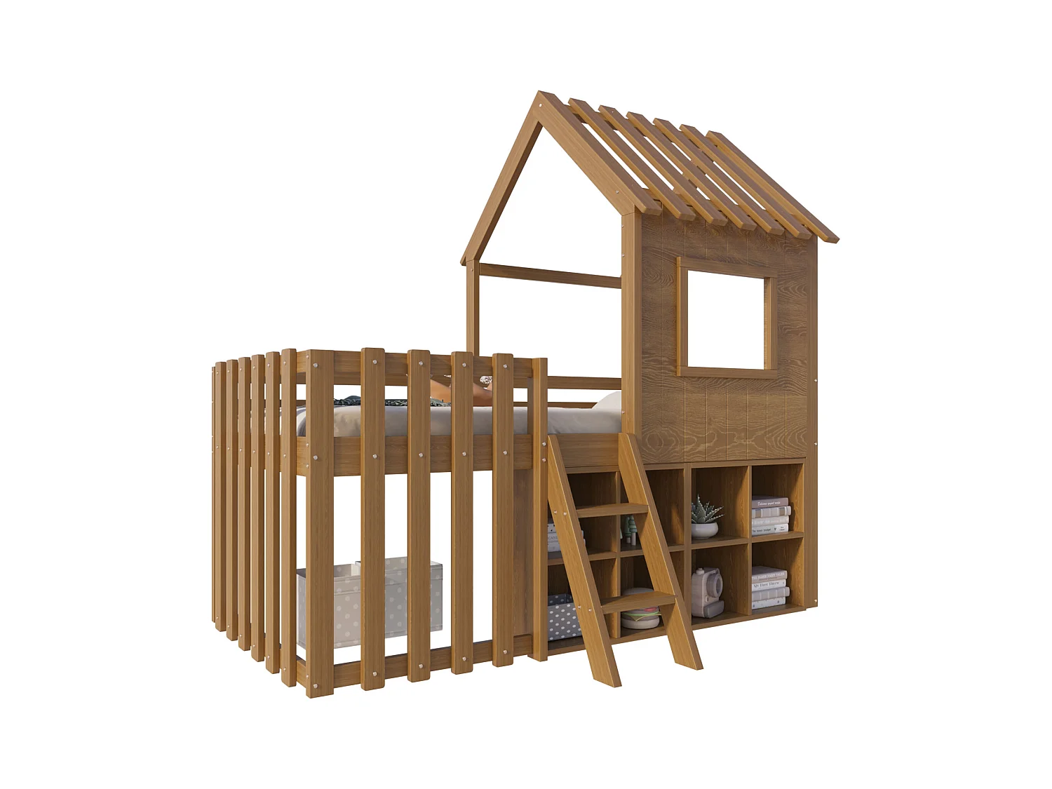 Lit mezzanine pour enfant 90x200, avec toit, fenêtres, espace de rangement et échelle, bois massif, couleur bois naturel (204.5x95x201 cm)