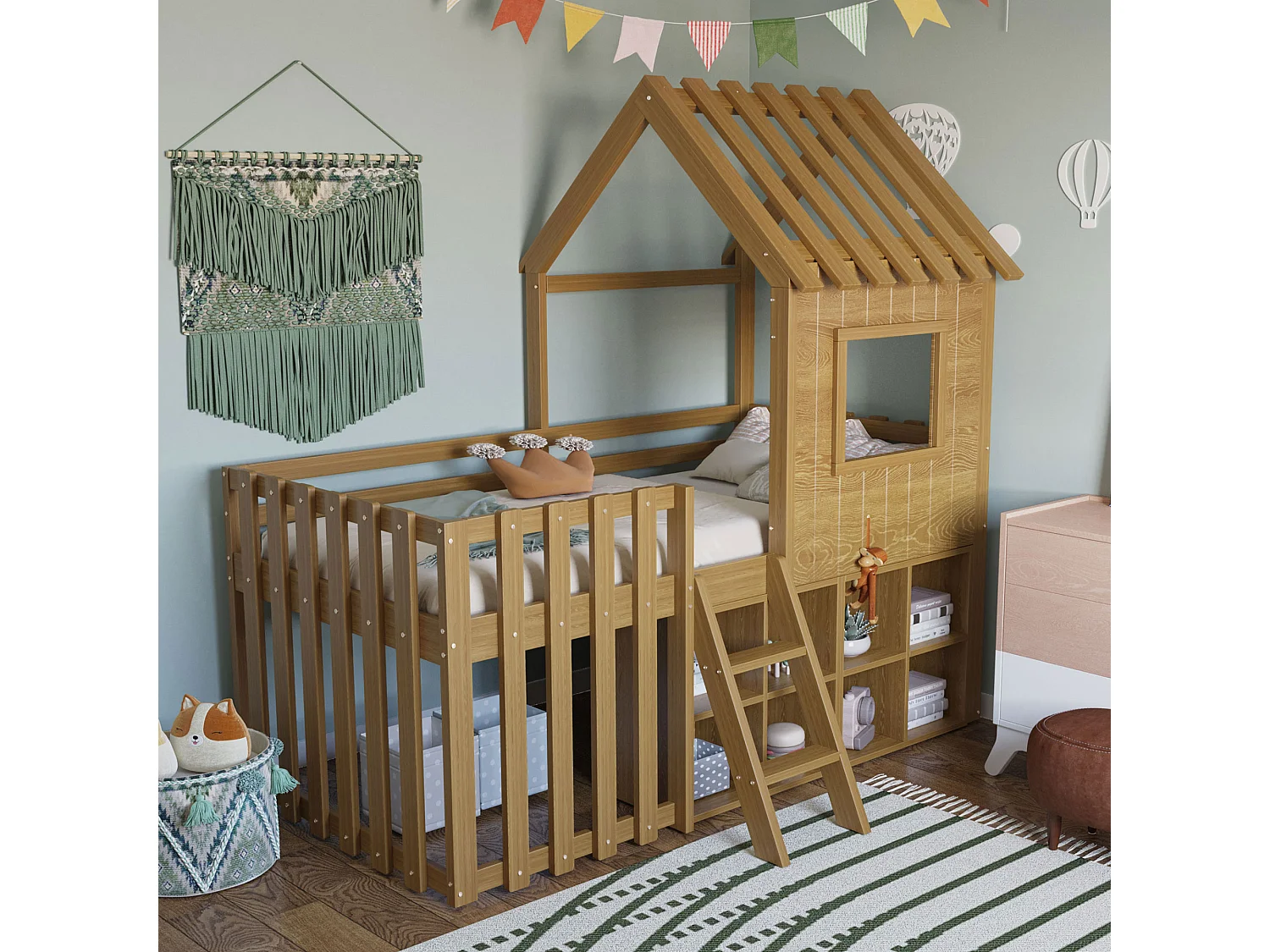 Lit mezzanine pour enfant 90x200, avec toit, fenêtres, espace de rangement et échelle, bois massif, couleur bois naturel (204.5x95x201 cm)