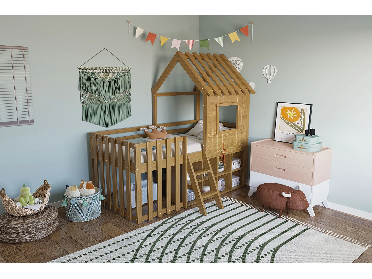 Lit mezzanine pour enfant 90x200, avec toit, fenêtres, espace de rangement et échelle, bois massif, couleur bois naturel (204.5x95x201 cm)