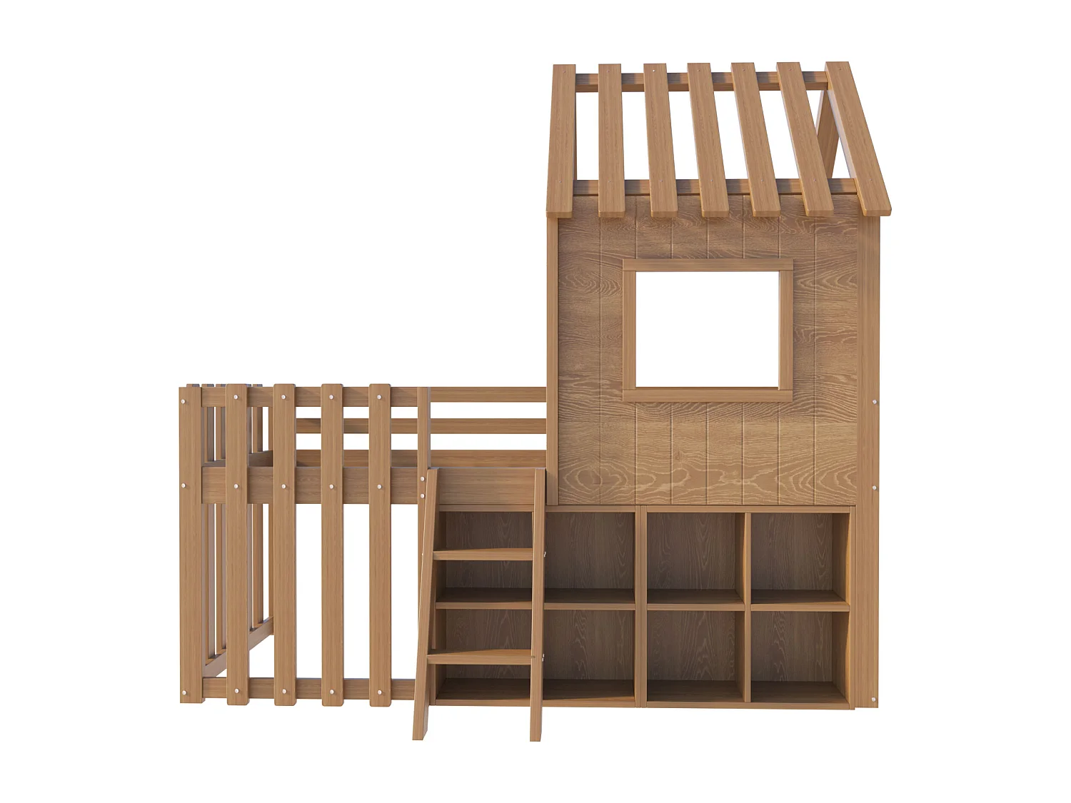 Lit mezzanine pour enfant 90x200, avec toit, fenêtres, espace de rangement et échelle, bois massif, couleur bois naturel (204.5x95x201 cm)
