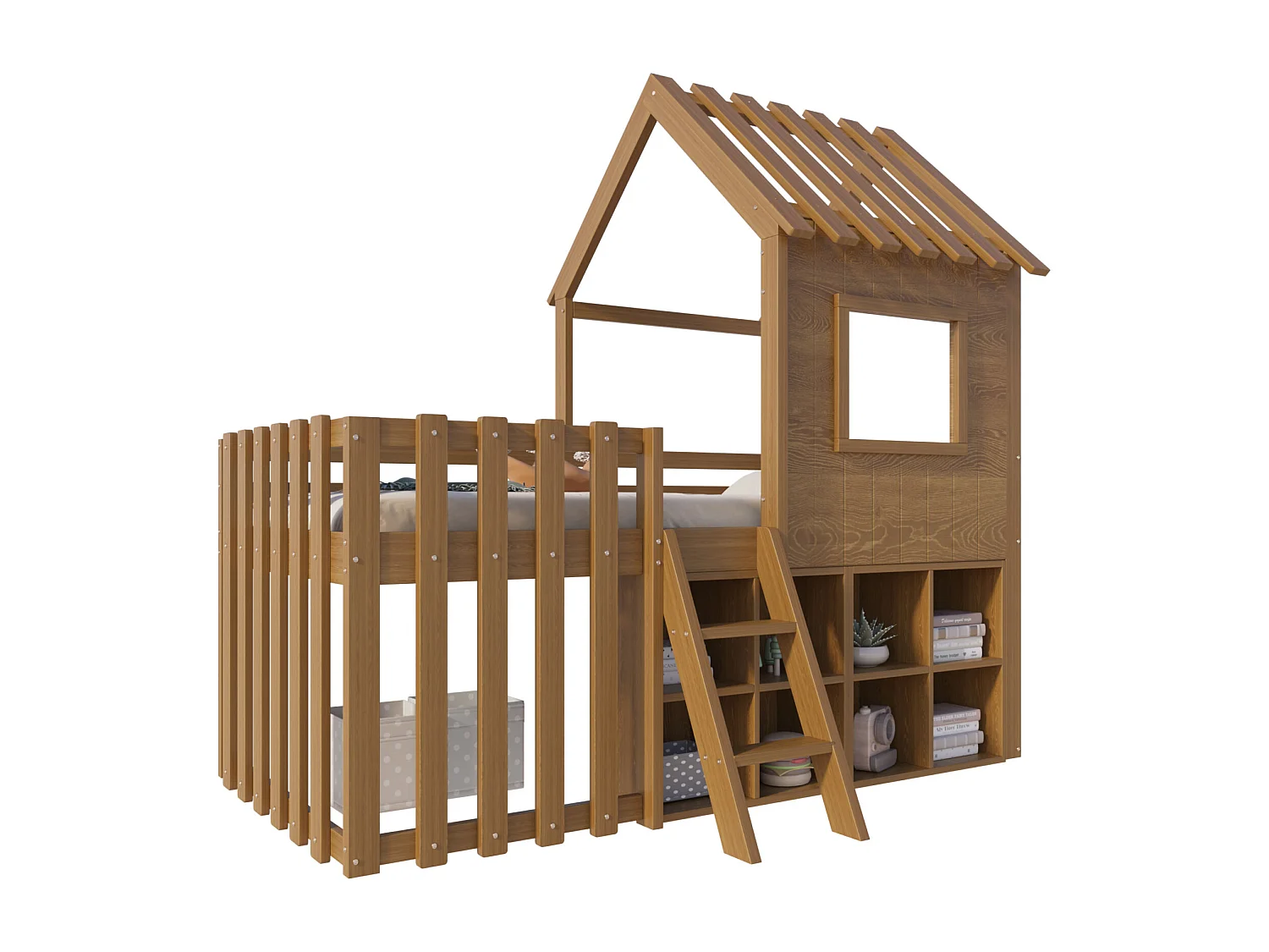 Lit mezzanine pour enfant 90x200, avec toit, fenêtres, espace de rangement et échelle, bois massif, couleur bois naturel (204.5x95x201 cm)