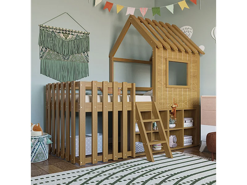 Kinderhoogslaper 90x200, met dak, ramen, opbergruimte en ladder, massief hout, natuurlijke houtkleur (204,5x95x201 cm)